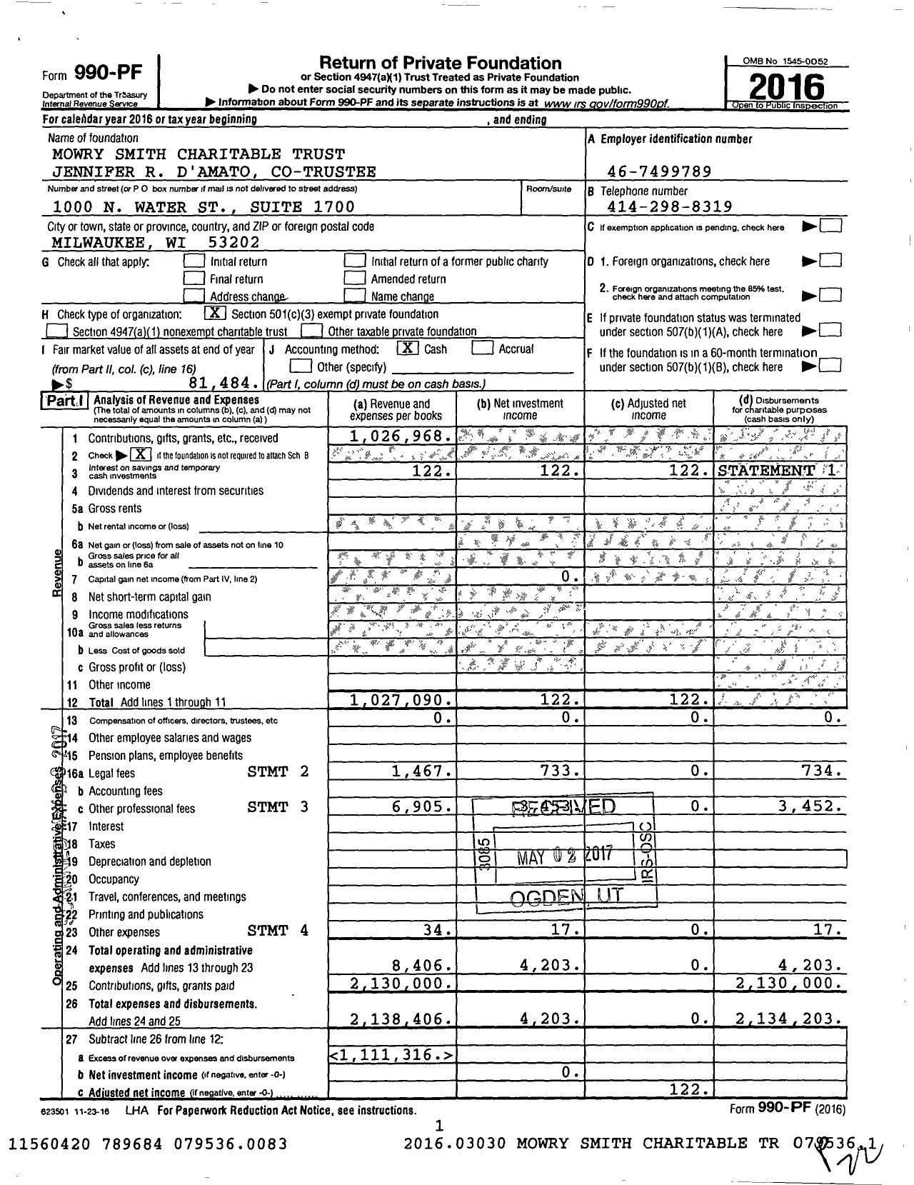 Image of first page of 2016 Form 990PF for Mowry Smith Charitable Trust