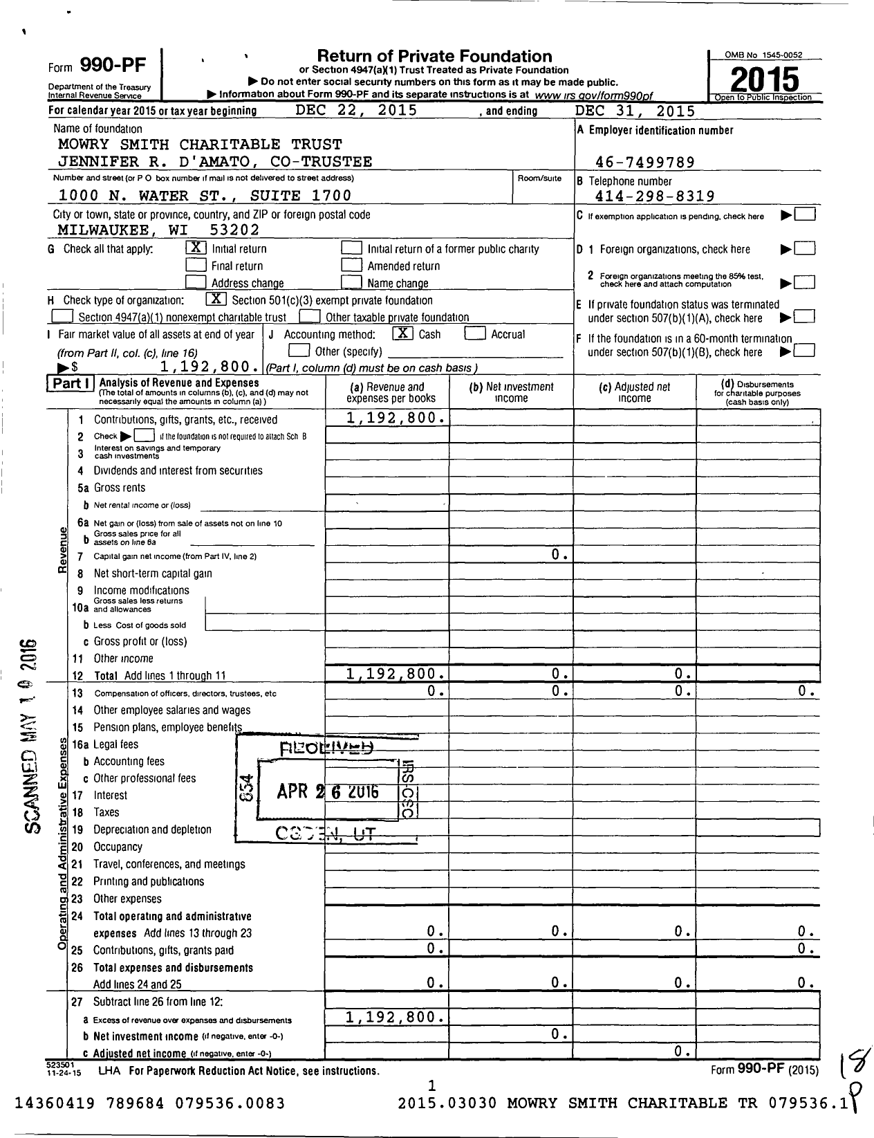 Image of first page of 2015 Form 990PF for Mowry Smith Charitable Trust