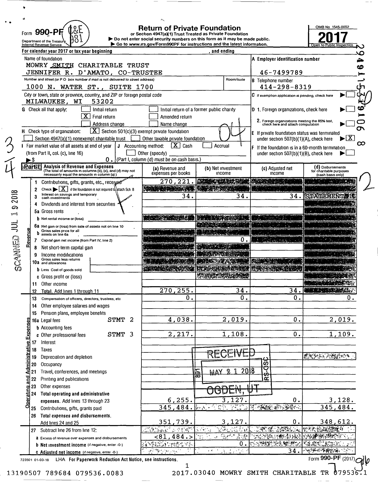 Image of first page of 2017 Form 990PF for Mowry Smith Charitable Trust