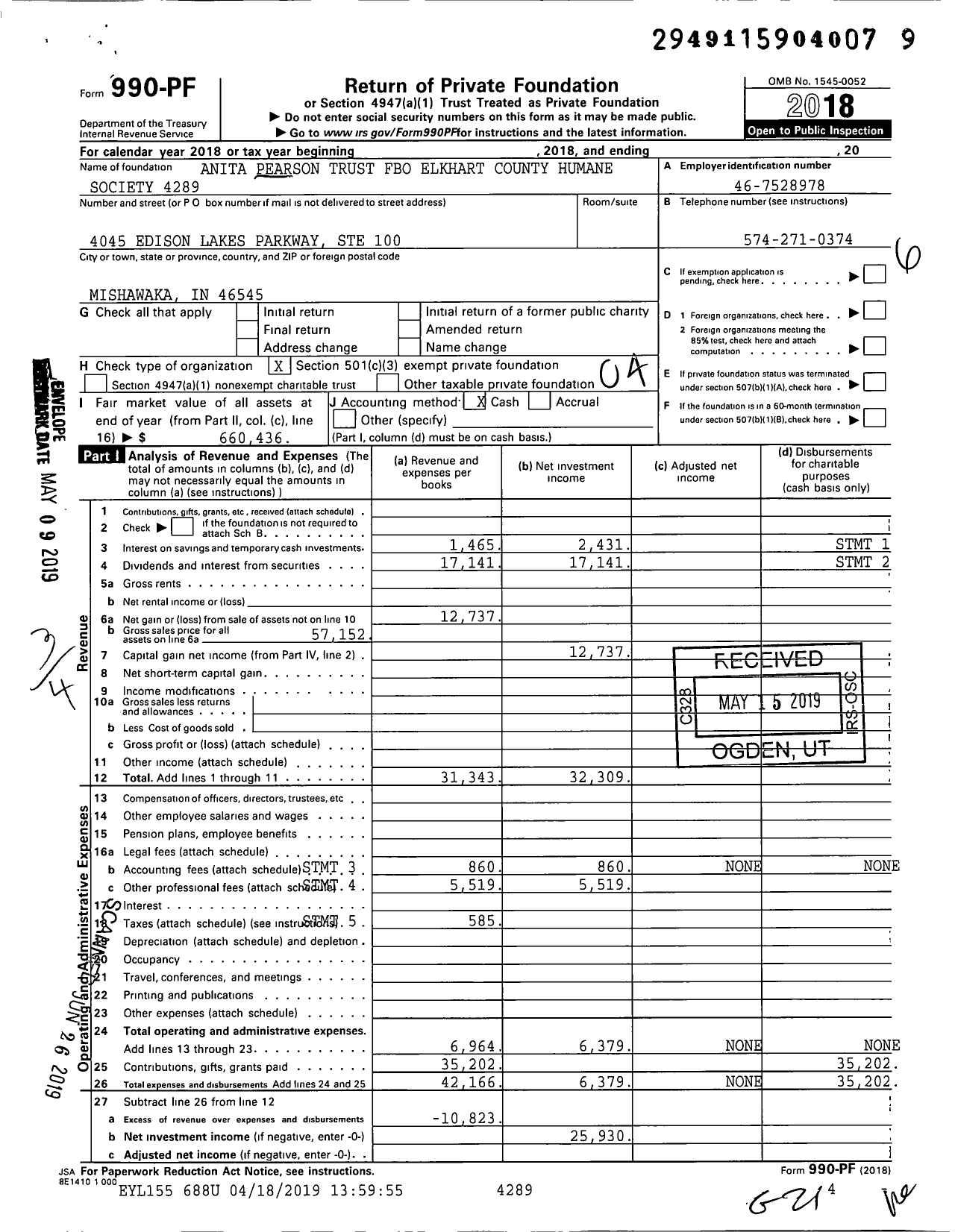 Image of first page of 2018 Form 990PF for Anita Pearson Trust Fbo Elkhart County Humane