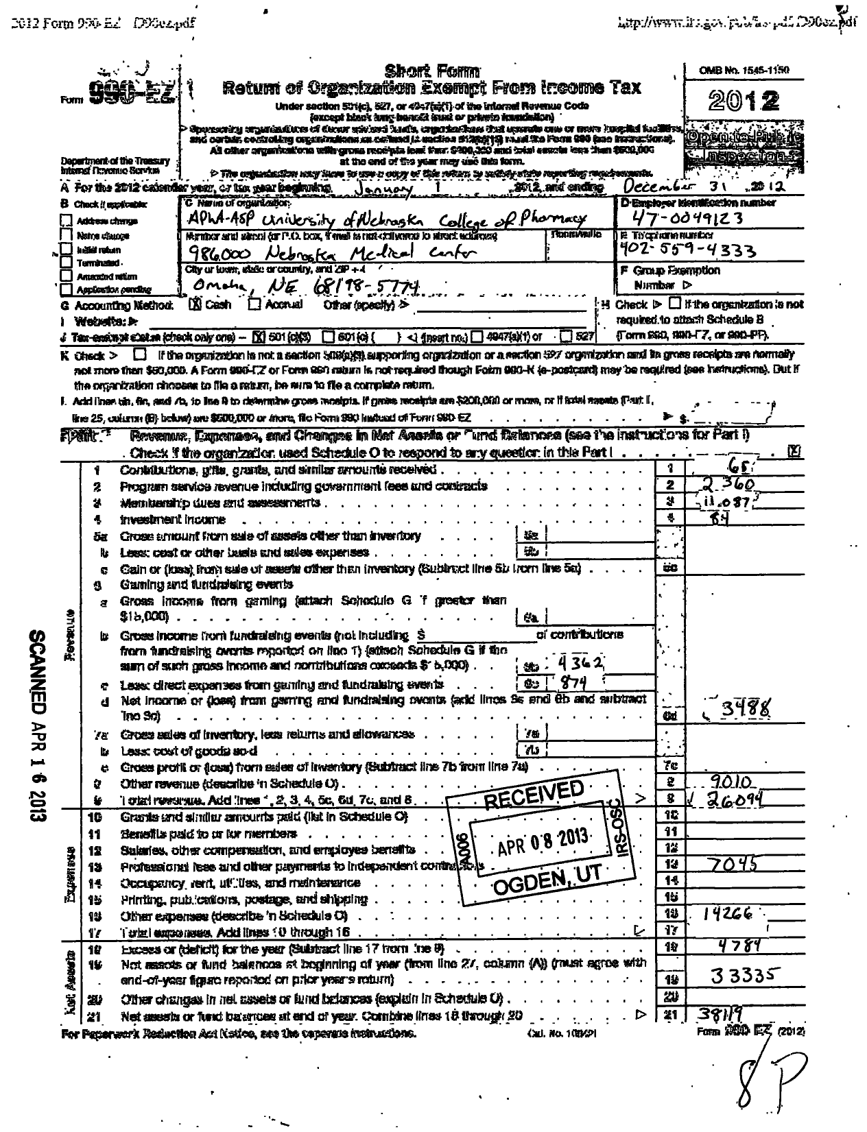 Image of first page of 2012 Form 990EZ for Apwa-Asp University of Nebraska College of Pharmacy