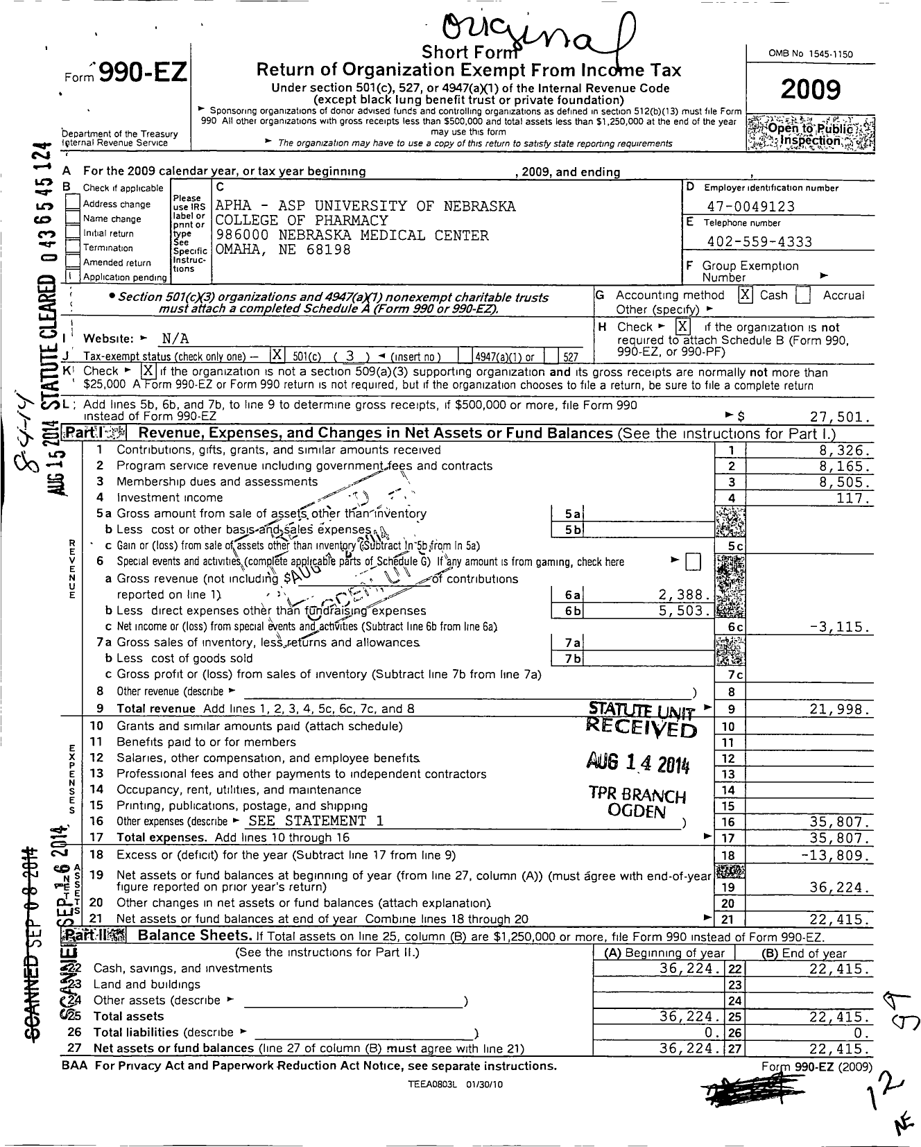 Image of first page of 2009 Form 990EZ for Apwa-Asp University of Nebraska College of Pharmacy