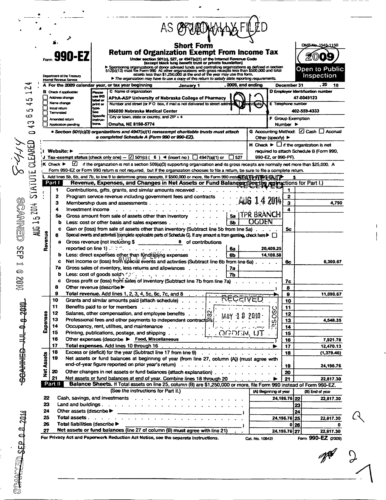 Image of first page of 2010 Form 990EO for Apwa-Asp University of Nebraska College of Pharmacy