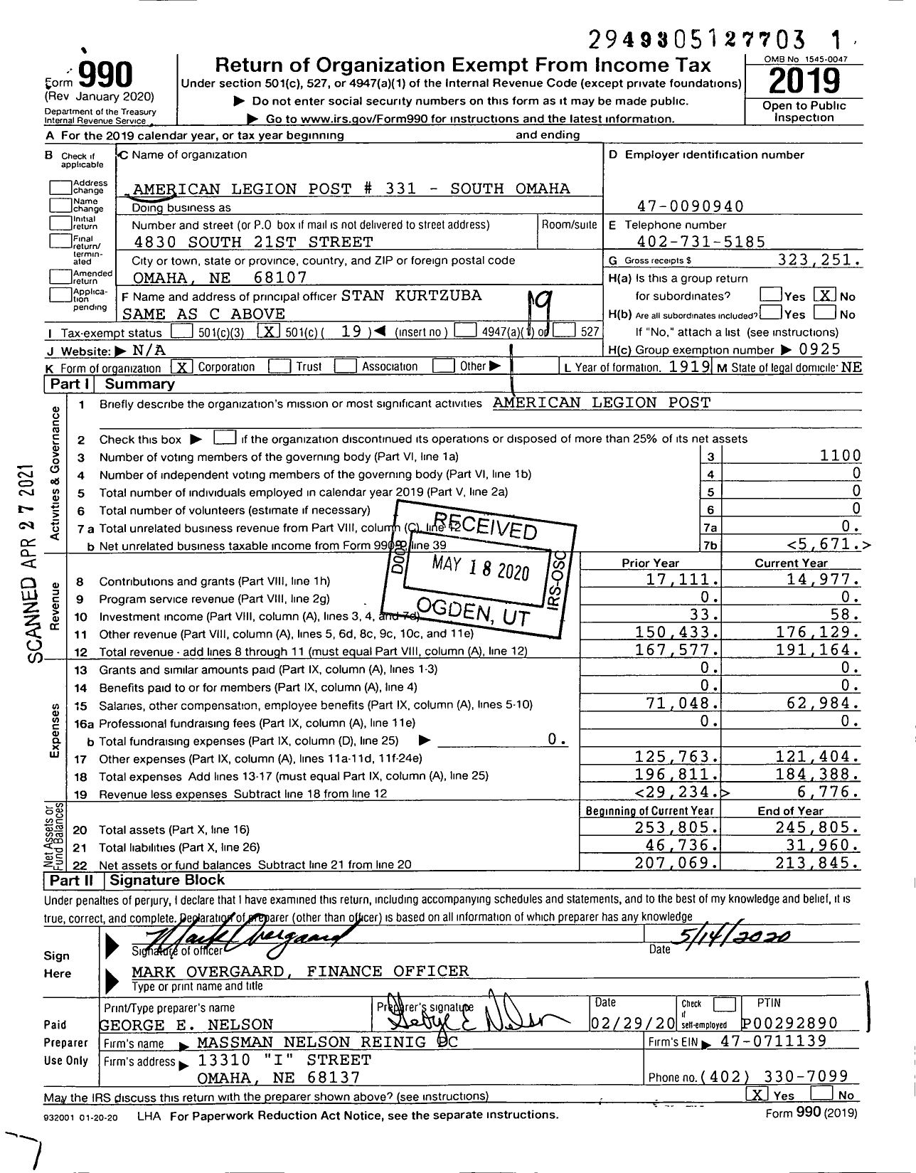 Image of first page of 2019 Form 990O for American Legion - 0331 South Omaha Melting Pot