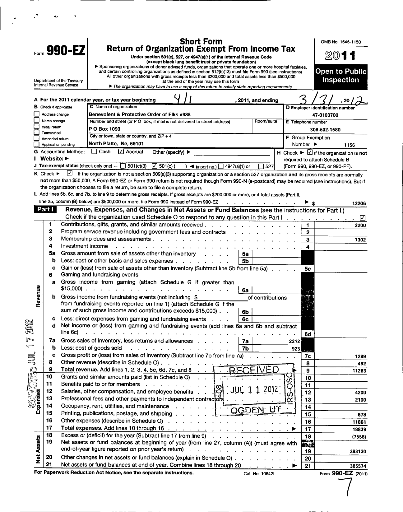 Image of first page of 2011 Form 990EO for Benevolent and Protective Order of Elks - 985 North Platte