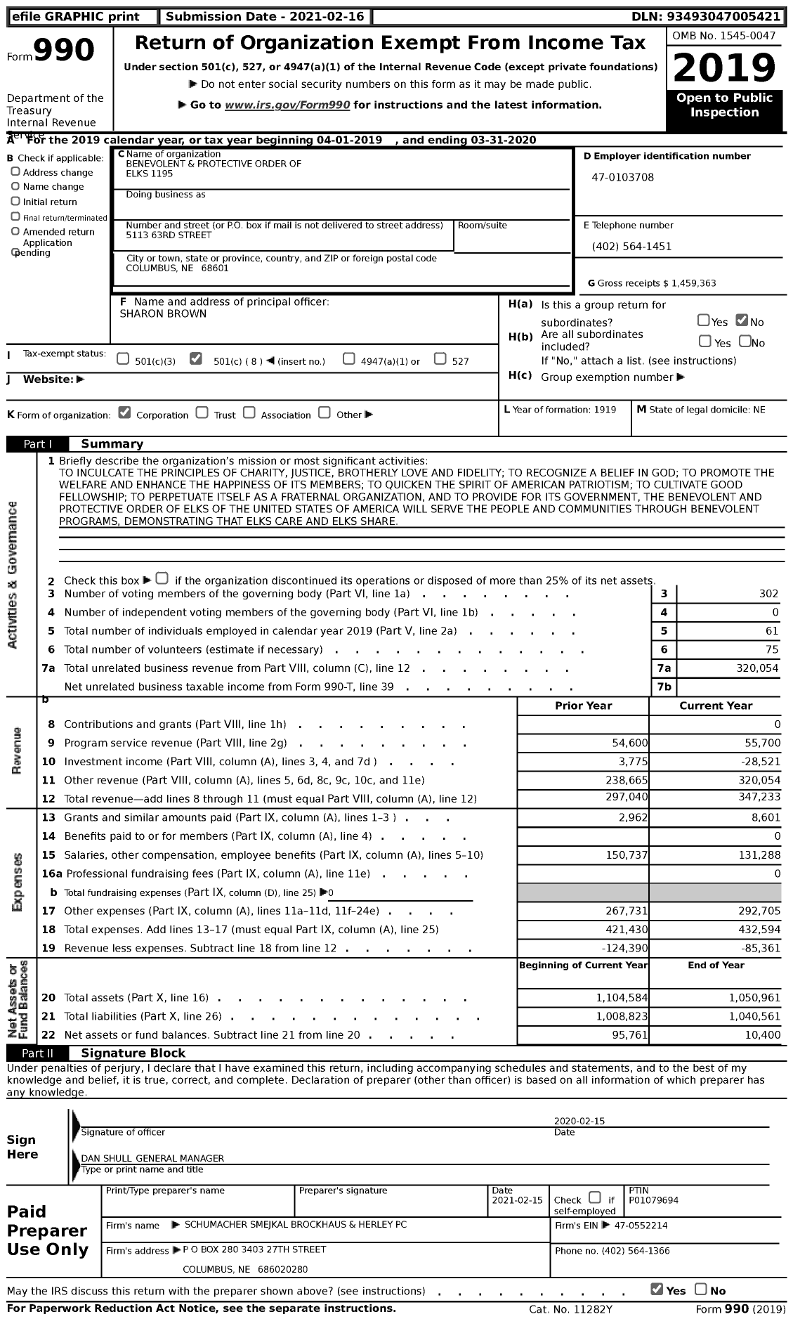 Image of first page of 2019 Form 990 for Benevolent and Protective Order of Elks - 1195 Columbus