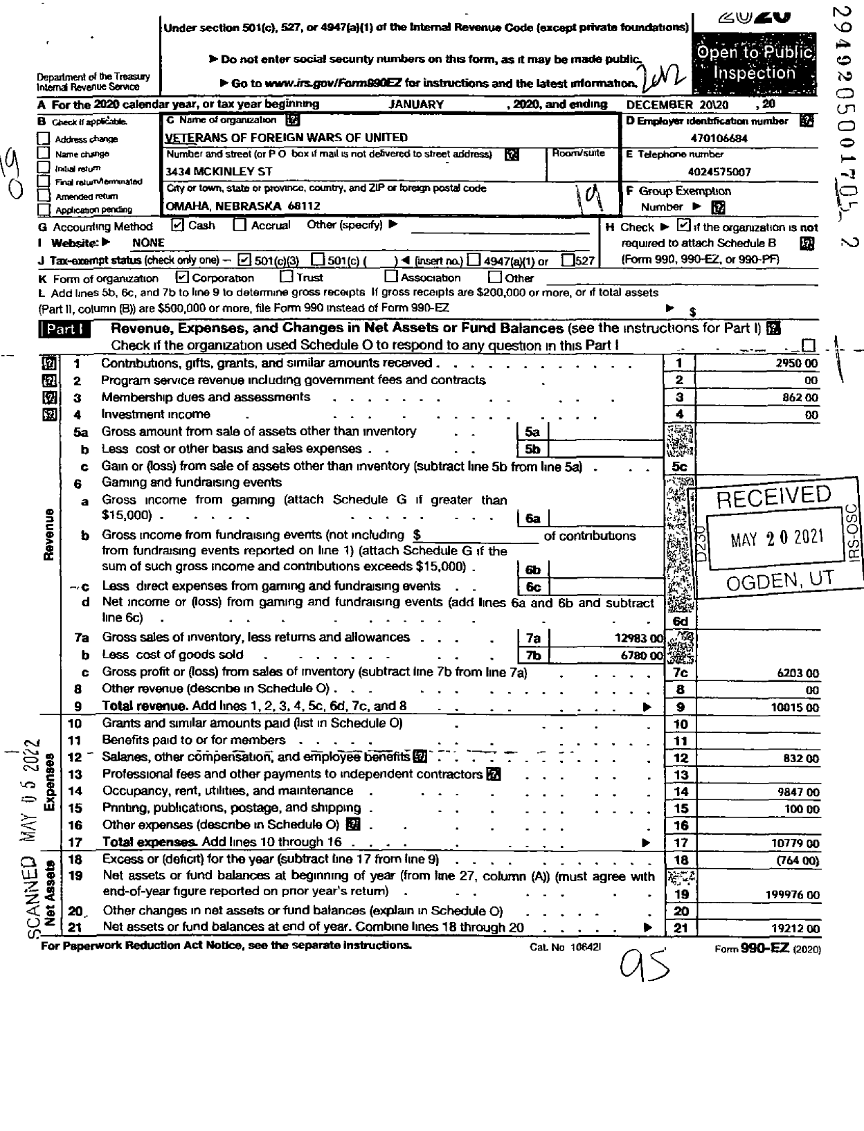 Image of first page of 2020 Form 990EO for Veterans of Foreign Wars of United States Department of Nebraska - 3421 Louis Black Vfw-Ne