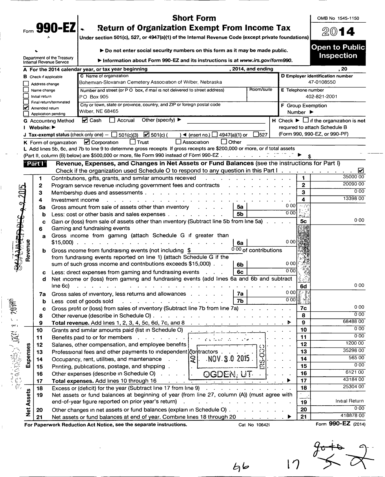 Image of first page of 2014 Form 990EO for Bohemian-Slavonian Cemetery Association of Wilber Nebraska