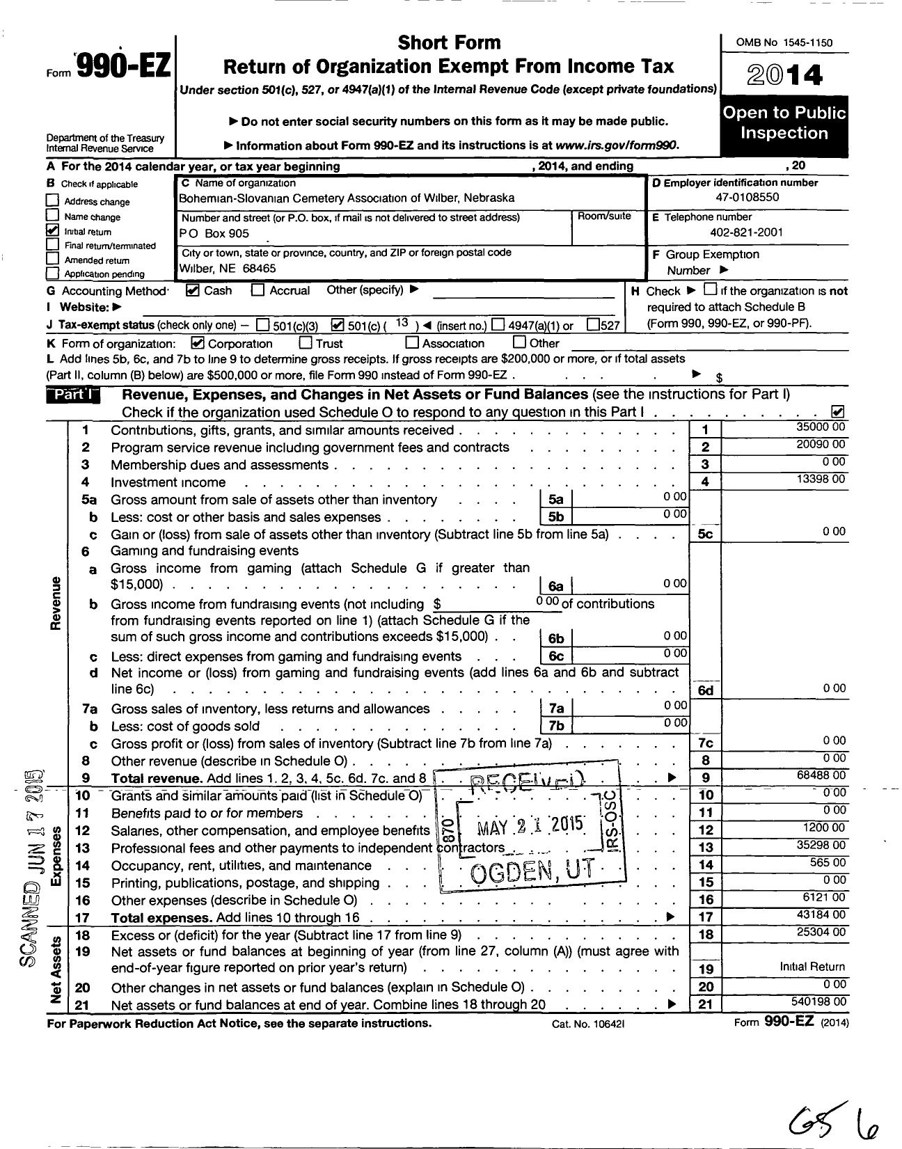 Image of first page of 2014 Form 990EO for Bohemian-Slavonian Cemetery Association of Wilber Nebraska