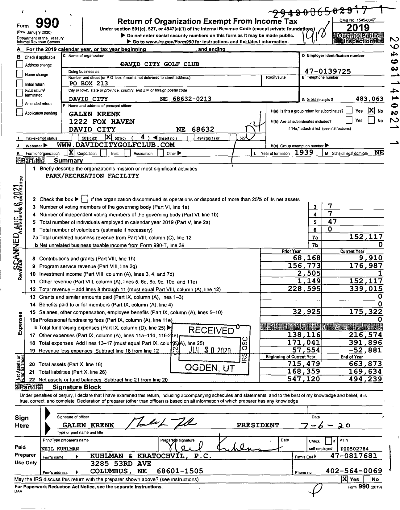 Image of first page of 2019 Form 990O for David City Golf Club