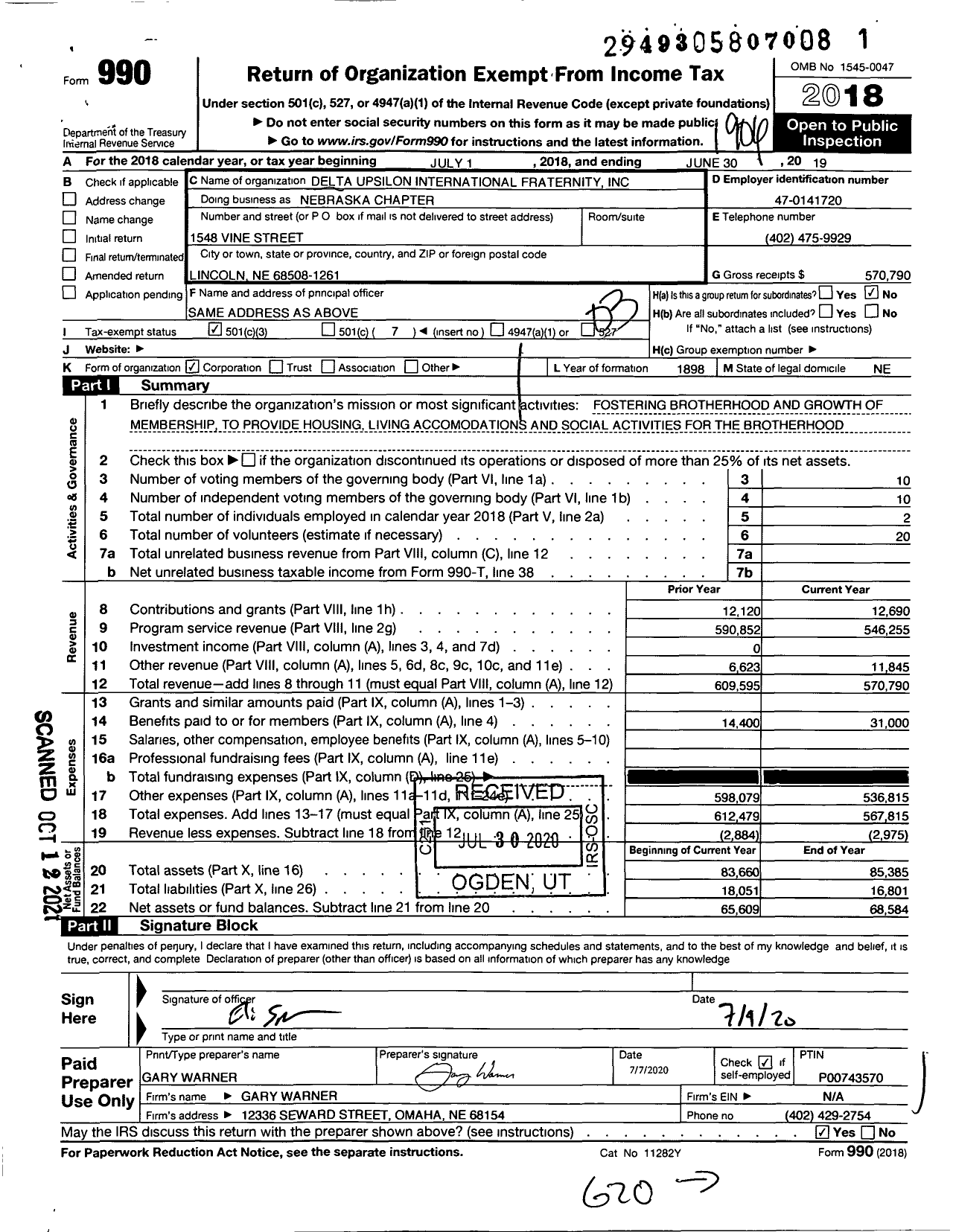 Image of first page of 2018 Form 990 for Delta Upsilon Fraternity - Nebraska Chapter