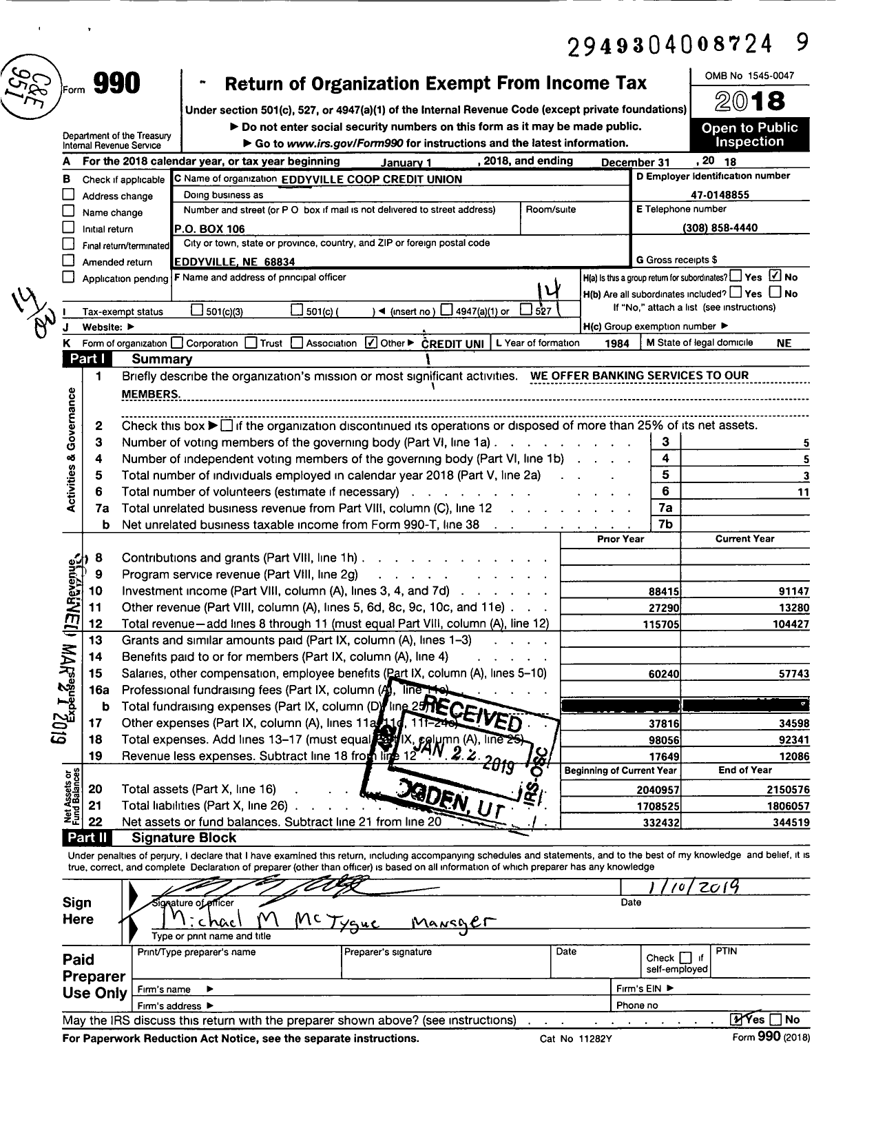 Image of first page of 2018 Form 990O for Eddyville Cooperative Credit Union