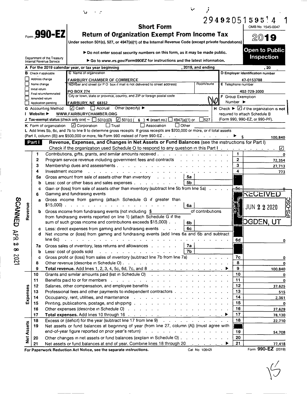 Image of first page of 2019 Form 990EO for Fairbury Chamber of Commerce