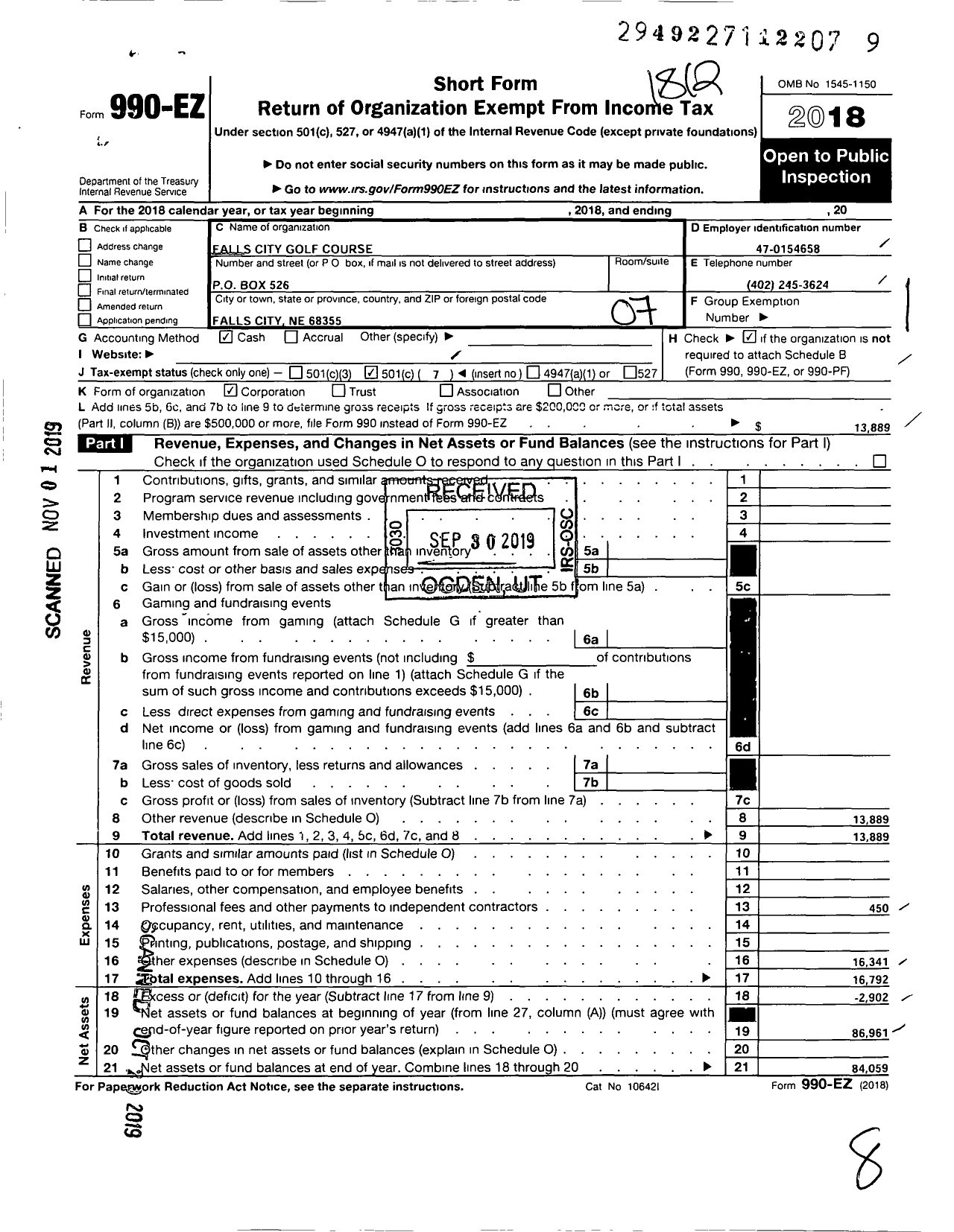 Image of first page of 2018 Form 990EO for Falls City Golf Course