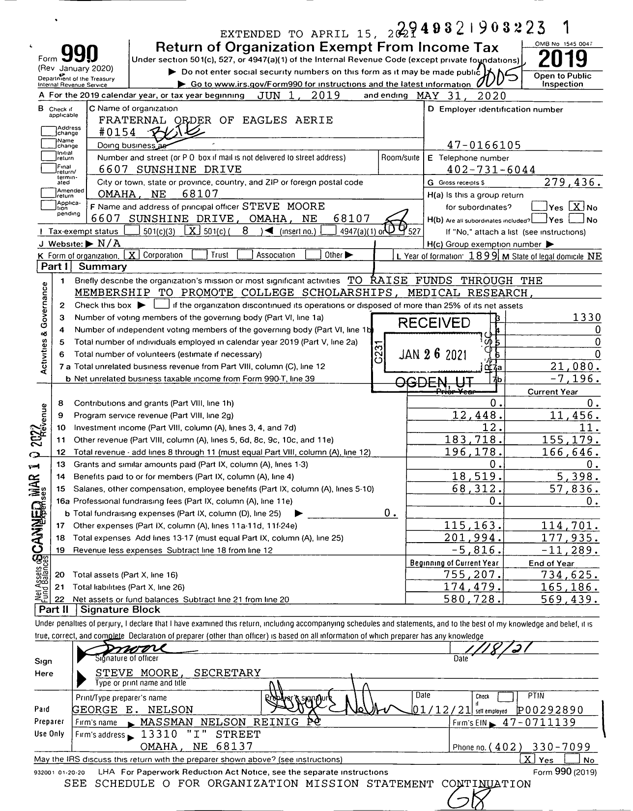 Image of first page of 2019 Form 990O for Fraternal Order of Eagles - 154 Aerie