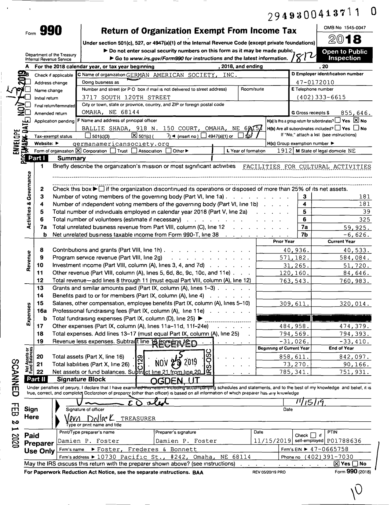 Image of first page of 2018 Form 990O for German American Society