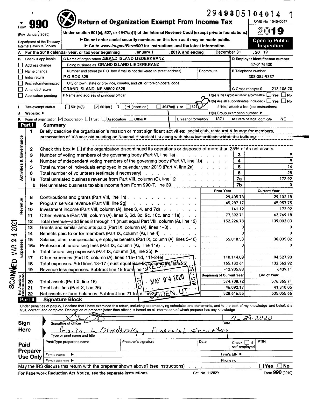 Image of first page of 2019 Form 990 for Grand Island Liederkranz