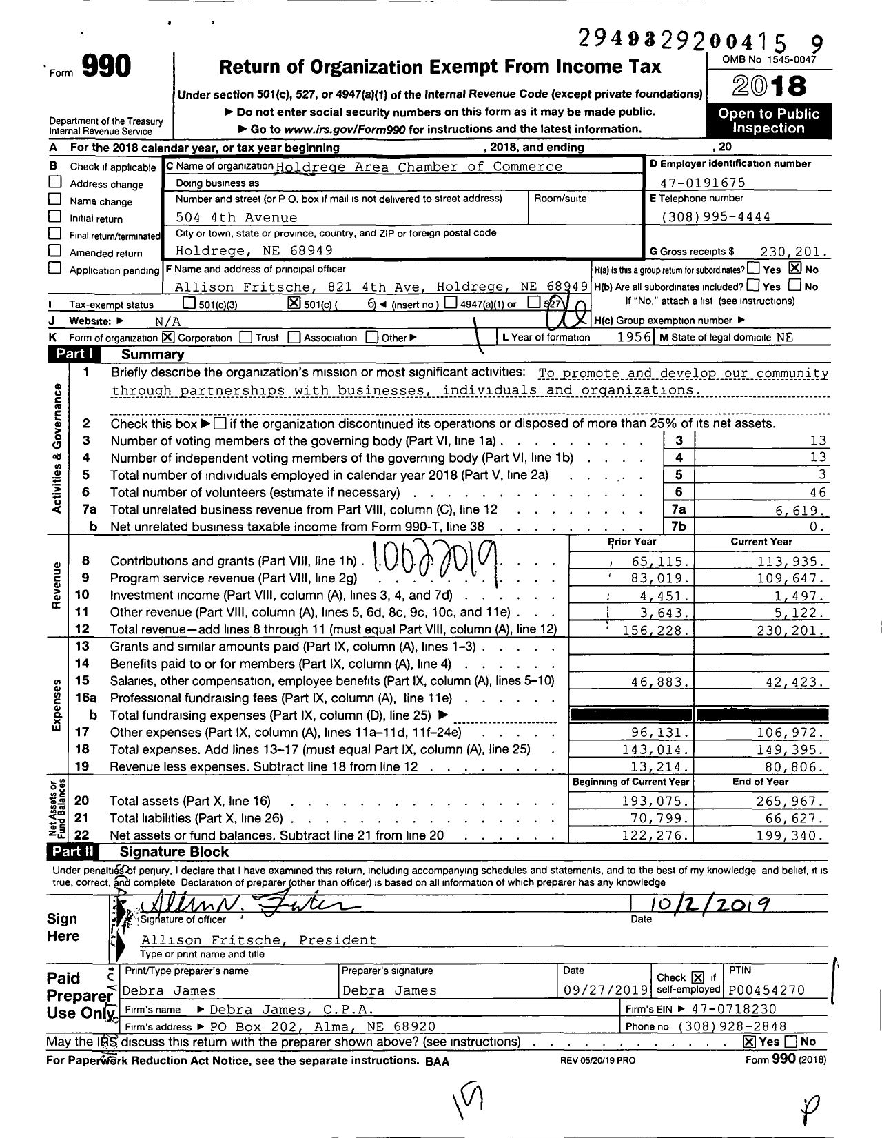 Image of first page of 2018 Form 990O for Holdrege Area Chamber of Commerce