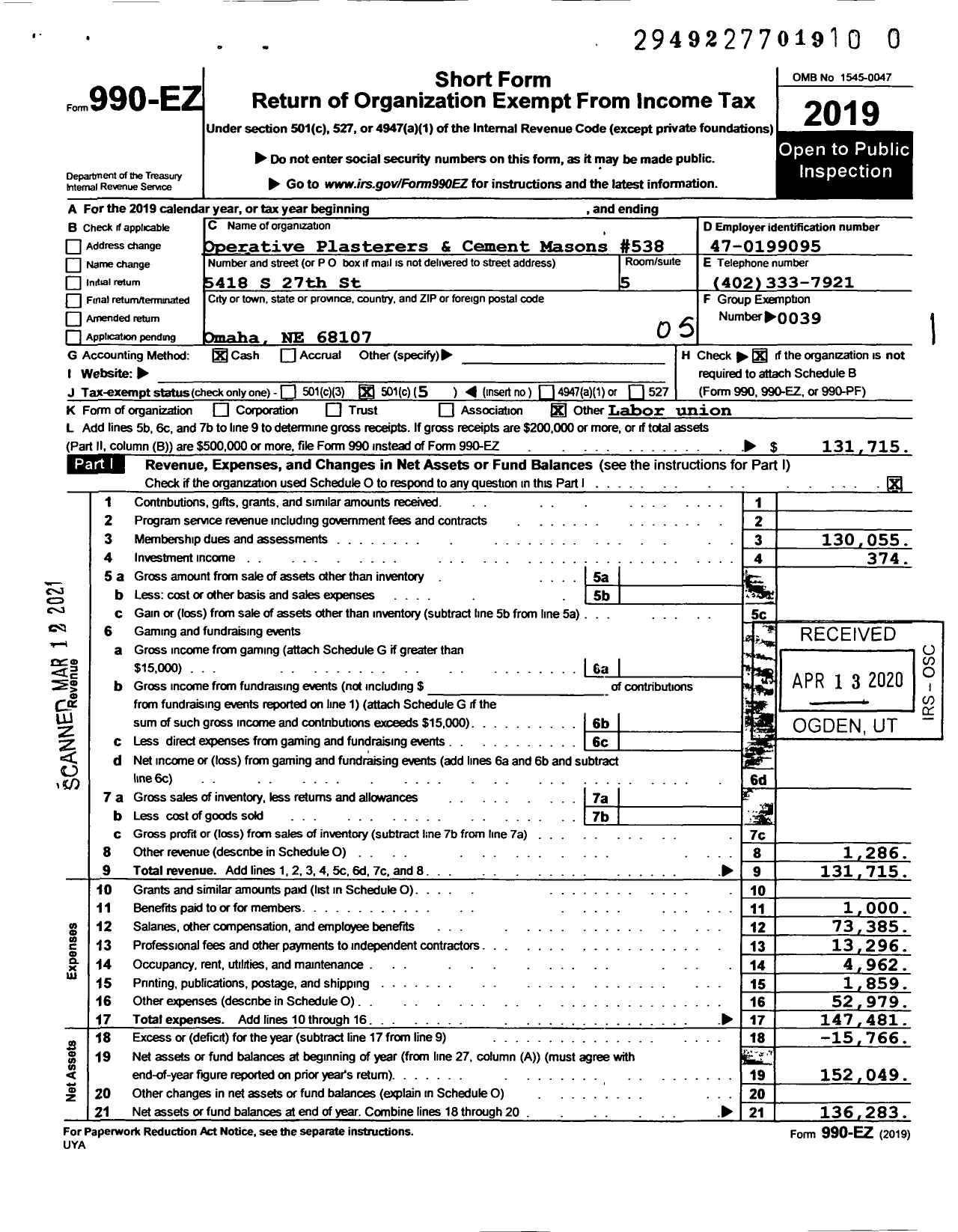 Image of first page of 2019 Form 990EO for Operative Plasterers' and Cement Masons' International Association - Opcmia Local 538