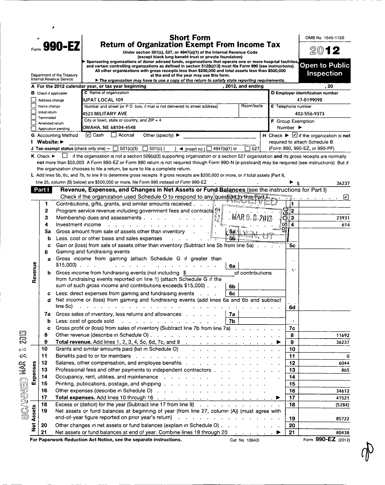 Image of first page of 2012 Form 990EO for International Union of Painters and Allied Trades - 109 Painters Local Union