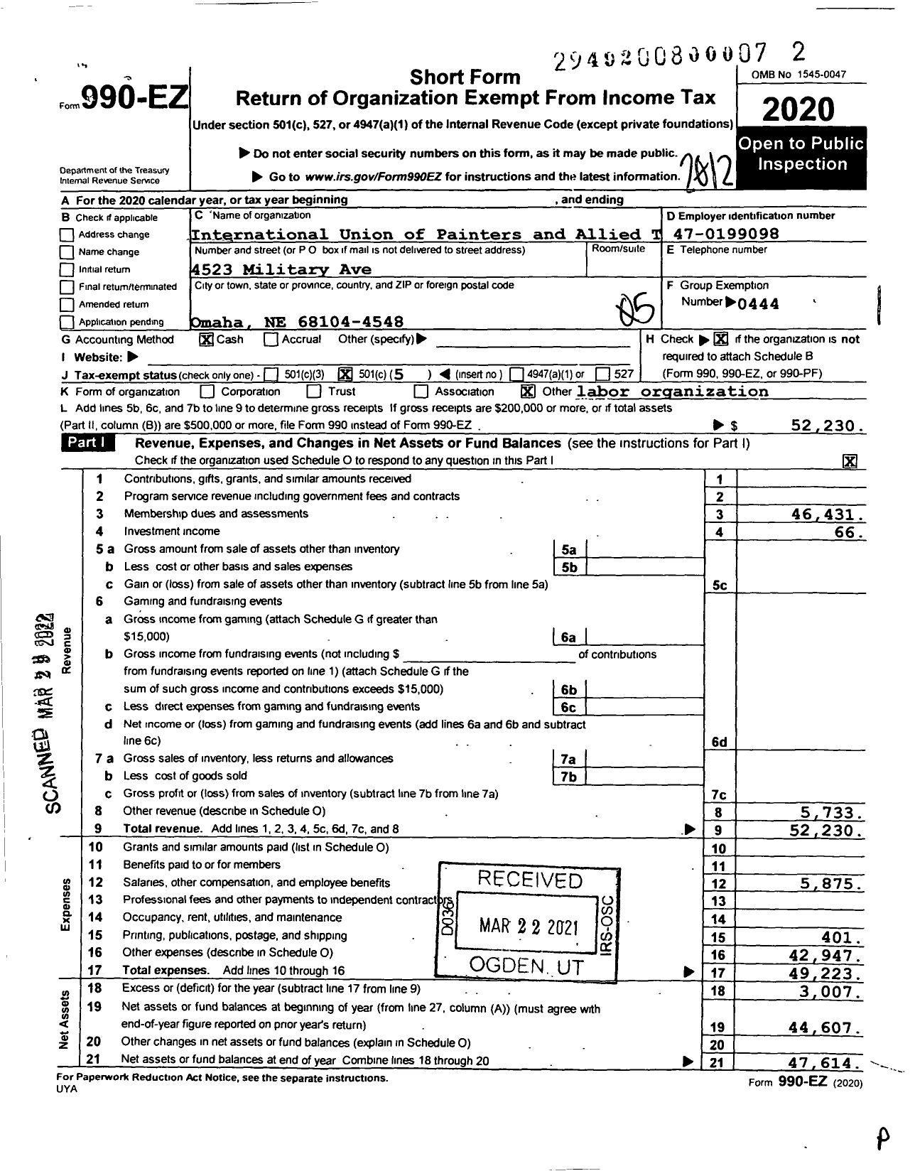 Image of first page of 2020 Form 990EO for International Union of Painters and Allied Trades - 109 Painters Local Union