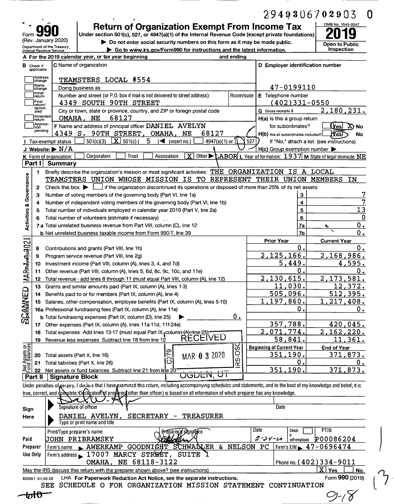 Image of first page of 2019 Form 990O for Teamsters Local 554