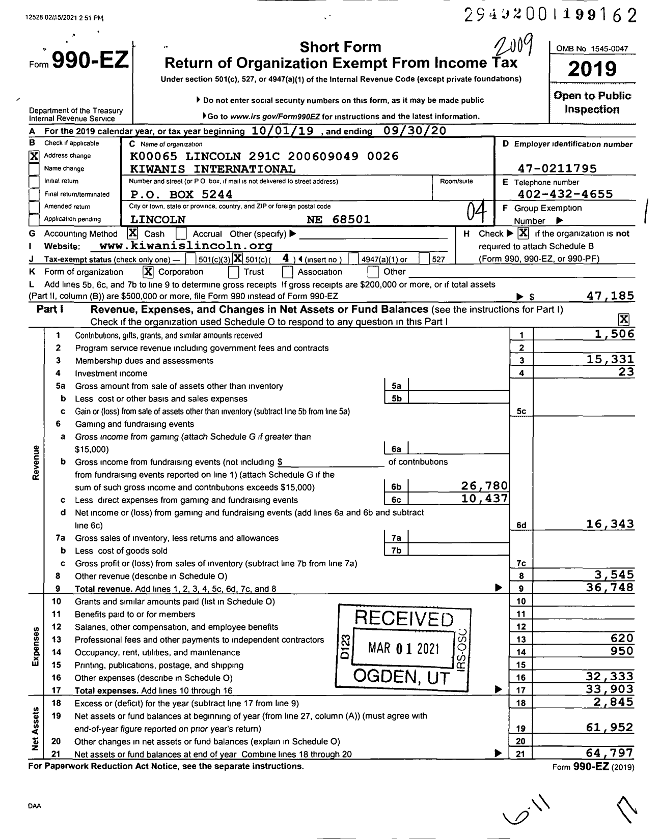 Image of first page of 2019 Form 990EO for Kiwanis International - Kiwanis CL of Lincoln Ne Lincoln Ce