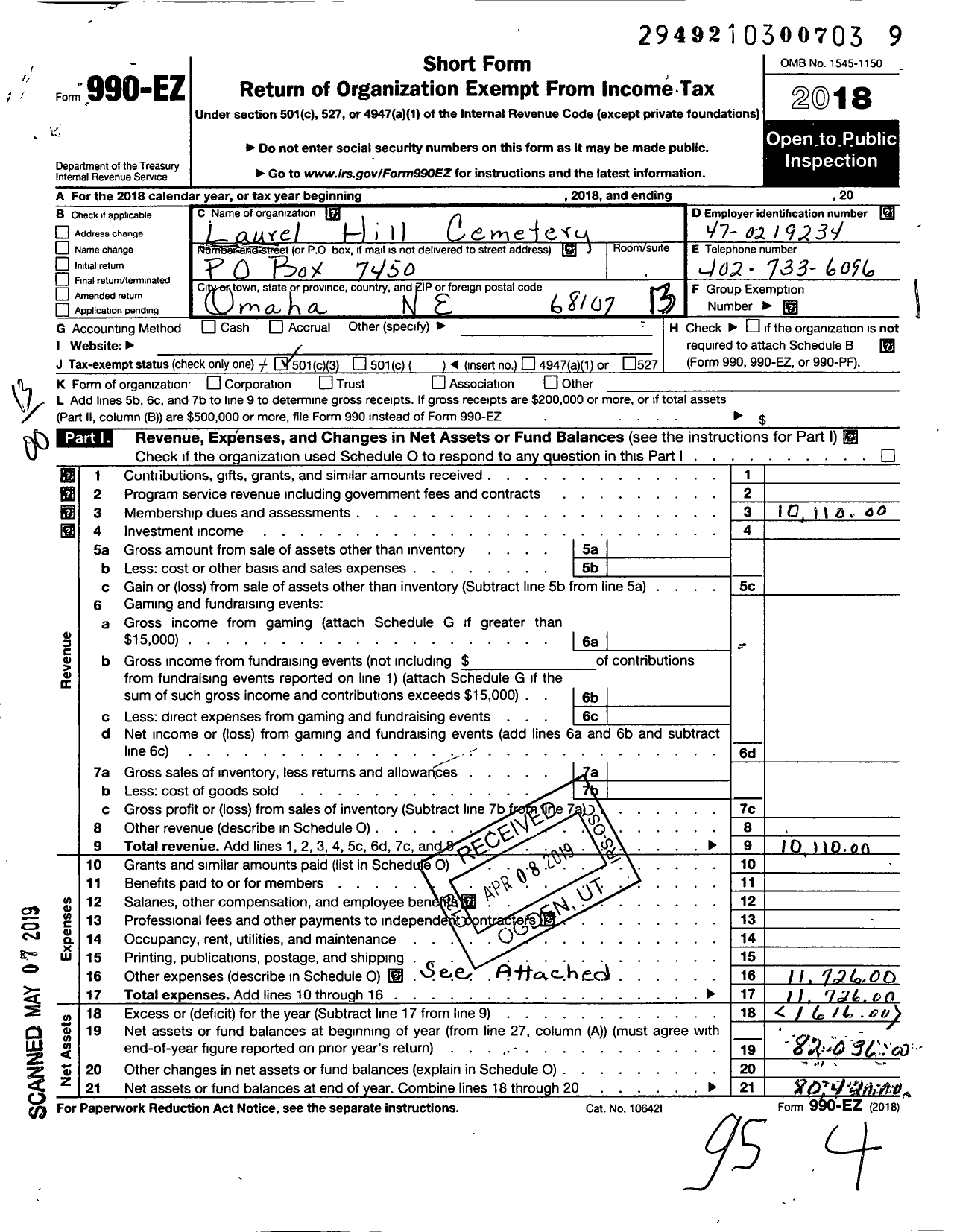 Image of first page of 2018 Form 990EO for Laurel Hill Cemetery