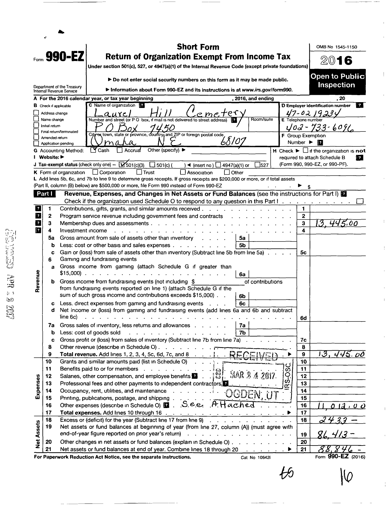 Image of first page of 2016 Form 990EZ for Laurel Hill Cemetery