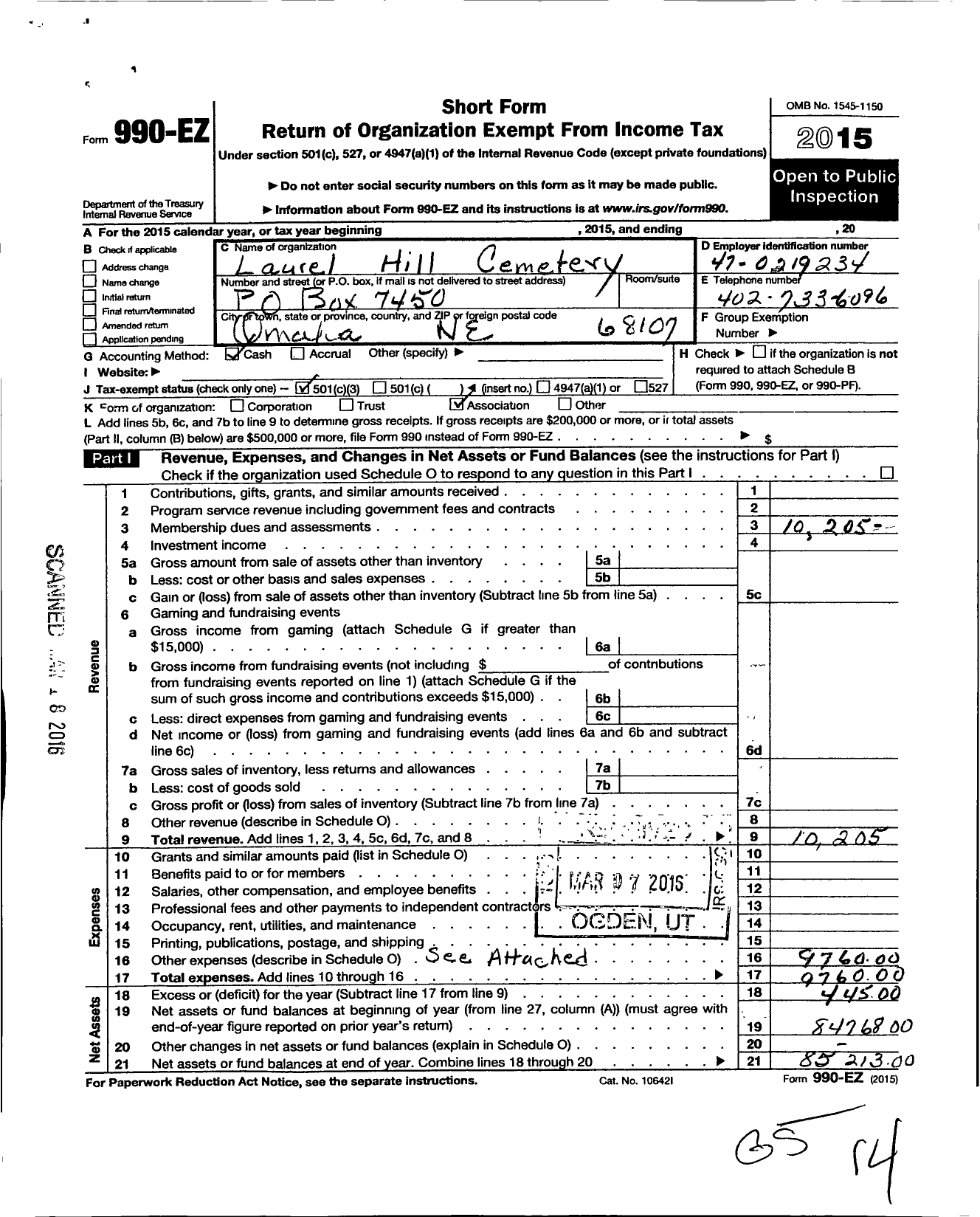 Image of first page of 2015 Form 990EZ for Laurel Hill Cemetery