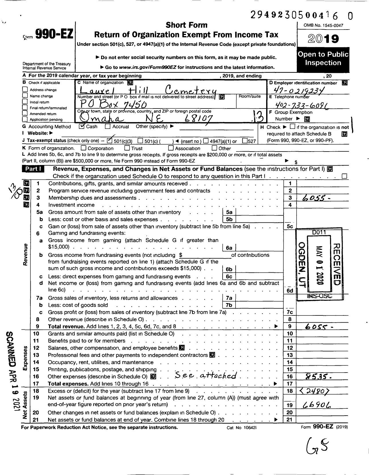 Image of first page of 2019 Form 990EO for Laurel Hill Cemetery