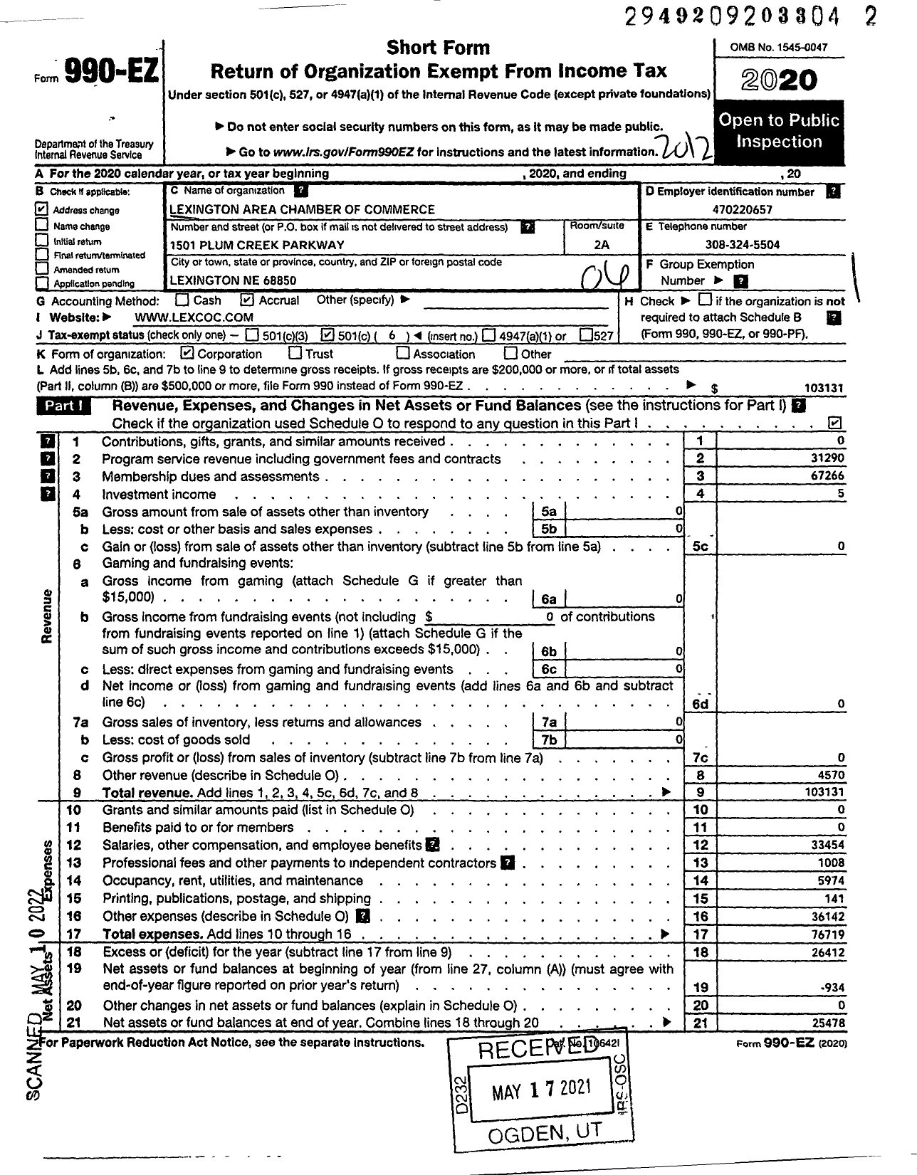 Image of first page of 2020 Form 990EO for Lexington Chamber of Commerce