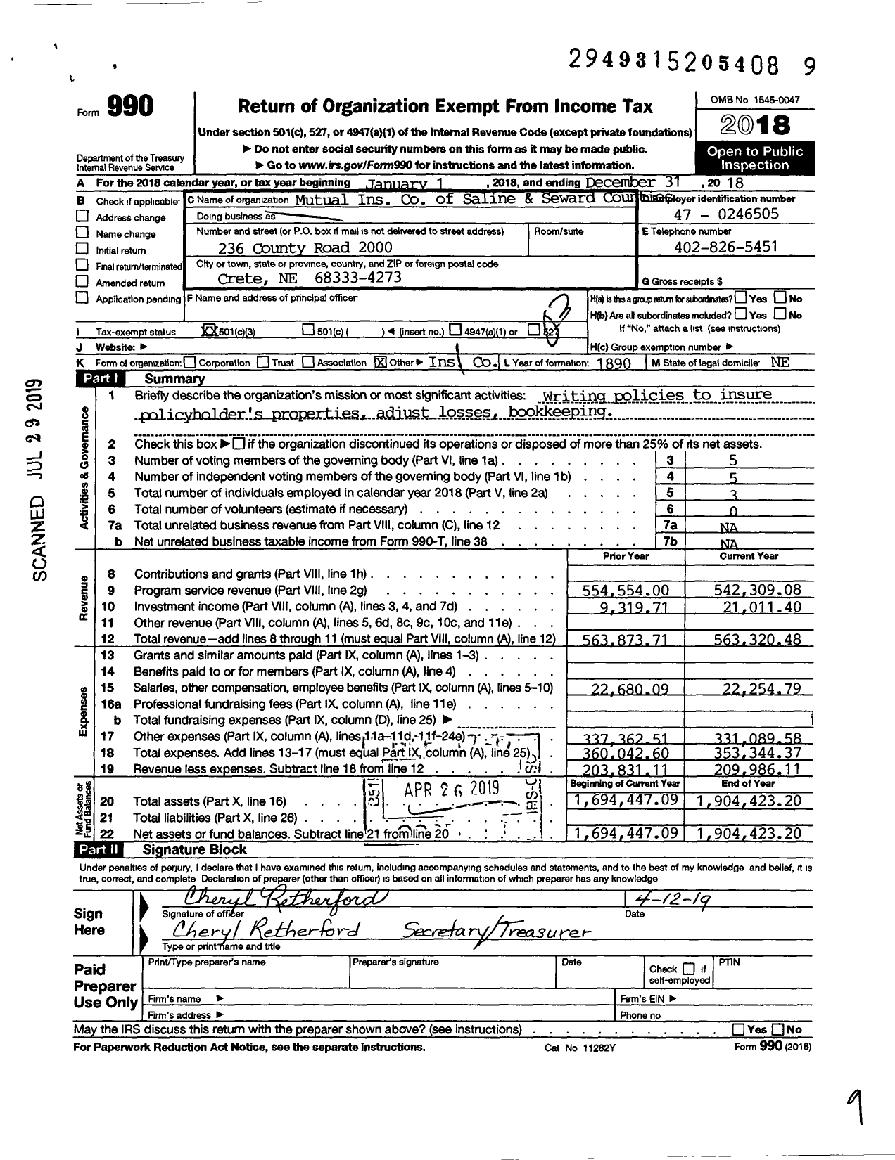 Image of first page of 2018 Form 990 for Mutual Ins Co of Saline & Seward Counties