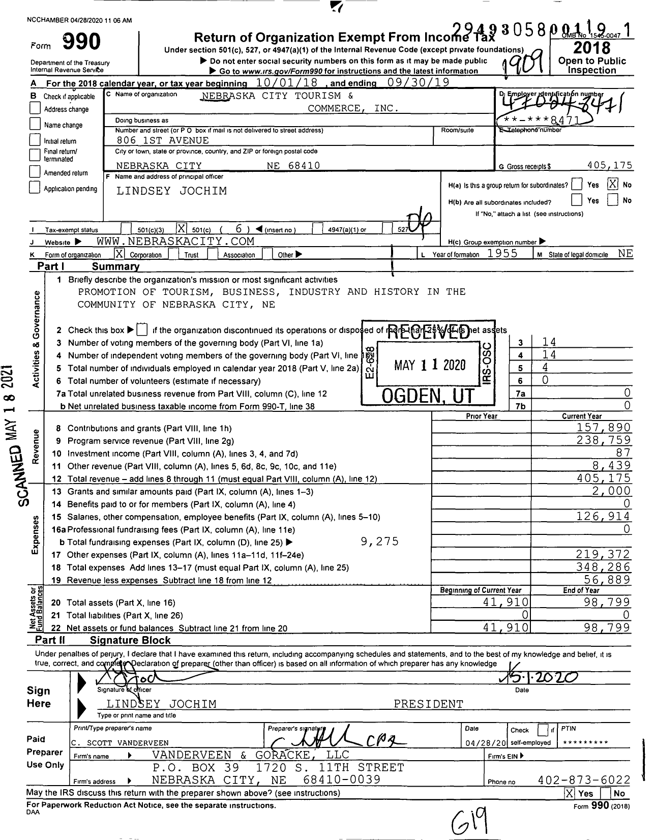 Image of first page of 2018 Form 990O for Nebraska City Tourism and Commerce