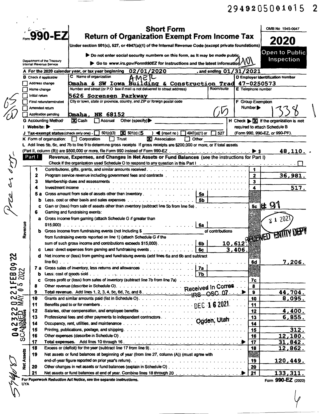 Image of first page of 2020 Form 990EO for AFL-CIO - Omaha SW Ia Building & Const Trades