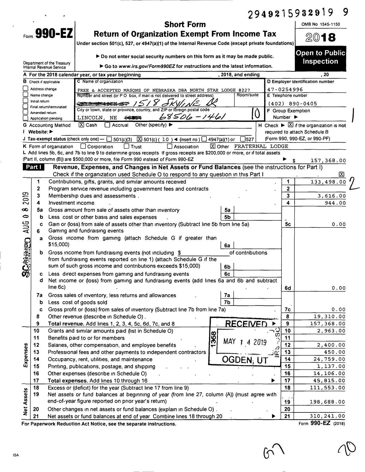 Image of first page of 2018 Form 990EO for Free and Accepted Masons of Nebraska Mahf - 227 North Star