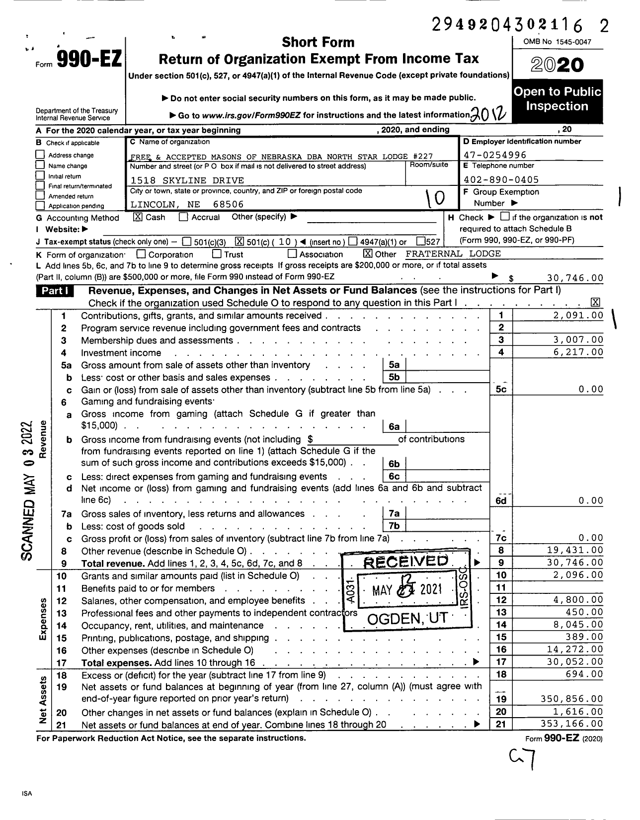 Image of first page of 2020 Form 990EO for Free and Accepted Masons of Nebraska Mahf - 227 North Star