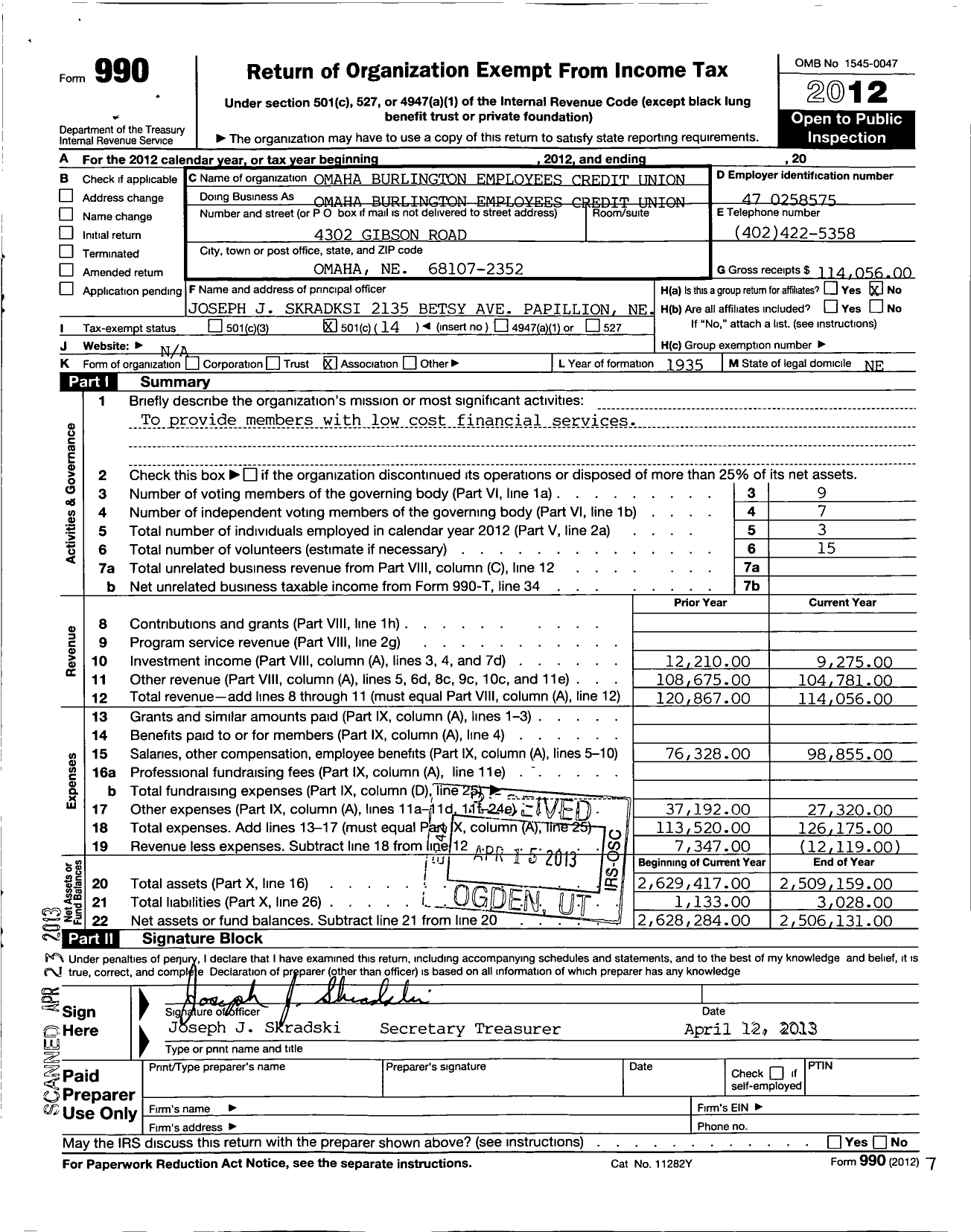 Image of first page of 2012 Form 990O for Omaha Burlington Employees Credit Union