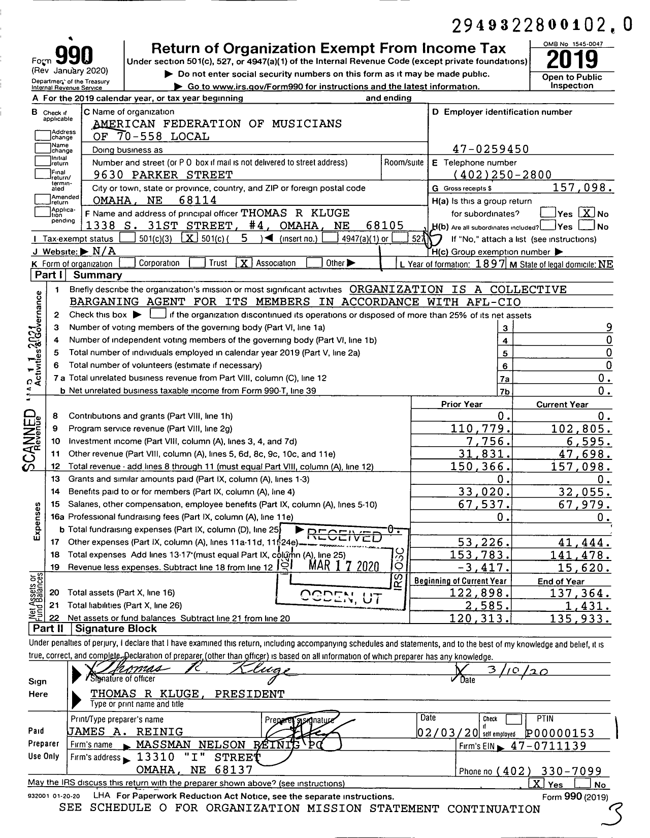 Image of first page of 2019 Form 990O for American Federation of Musicians - 70-558 Local Omaha