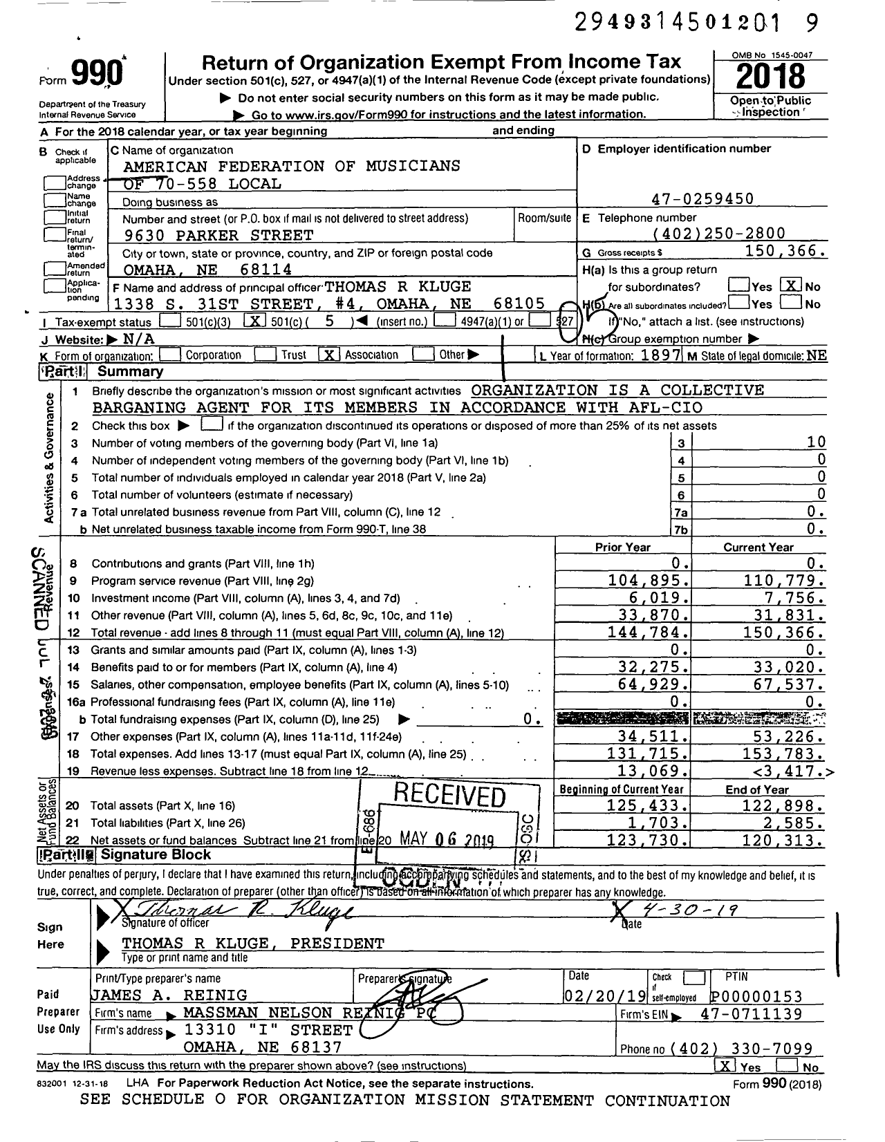 Image of first page of 2018 Form 990O for American Federation of Musicians - 70-558 Local Omaha