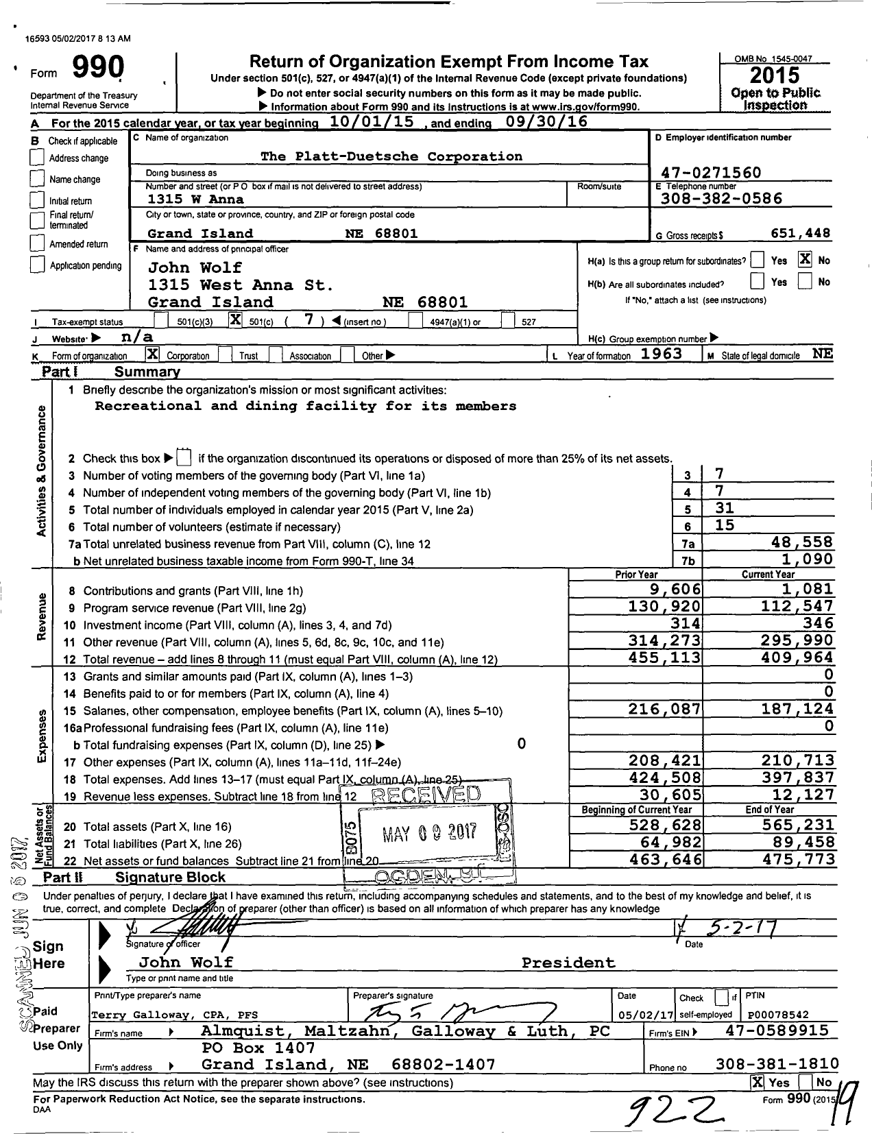 Image of first page of 2015 Form 990O for The Platt-Duetsche Corporation