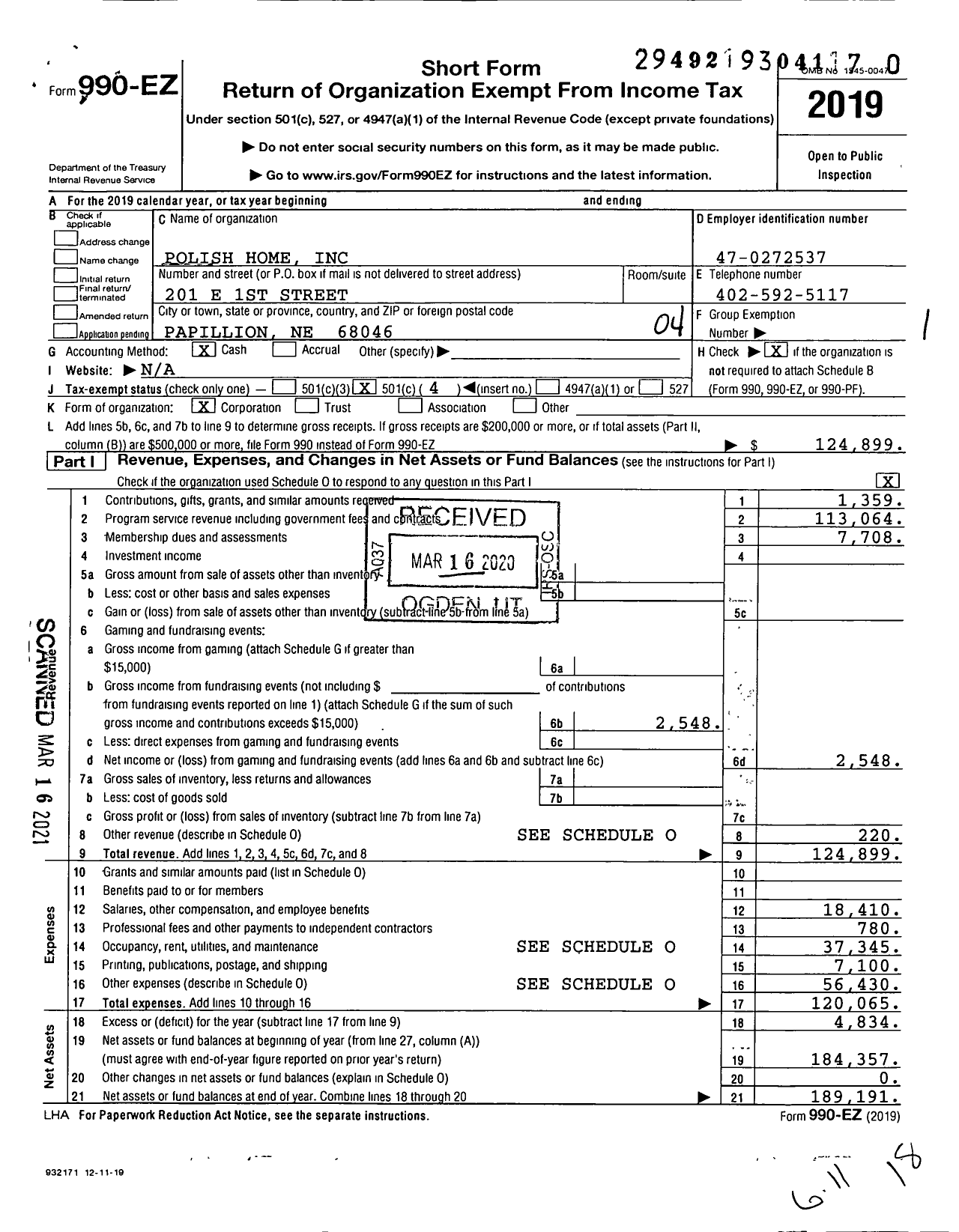 Image of first page of 2019 Form 990EO for Polish Home