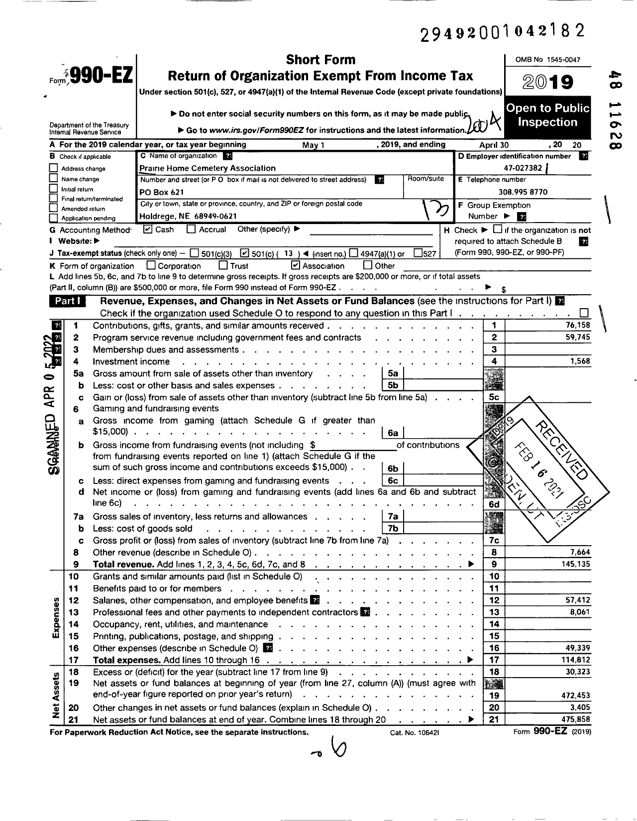 Image of first page of 2019 Form 990EO for Prairie Home Cemetery Association