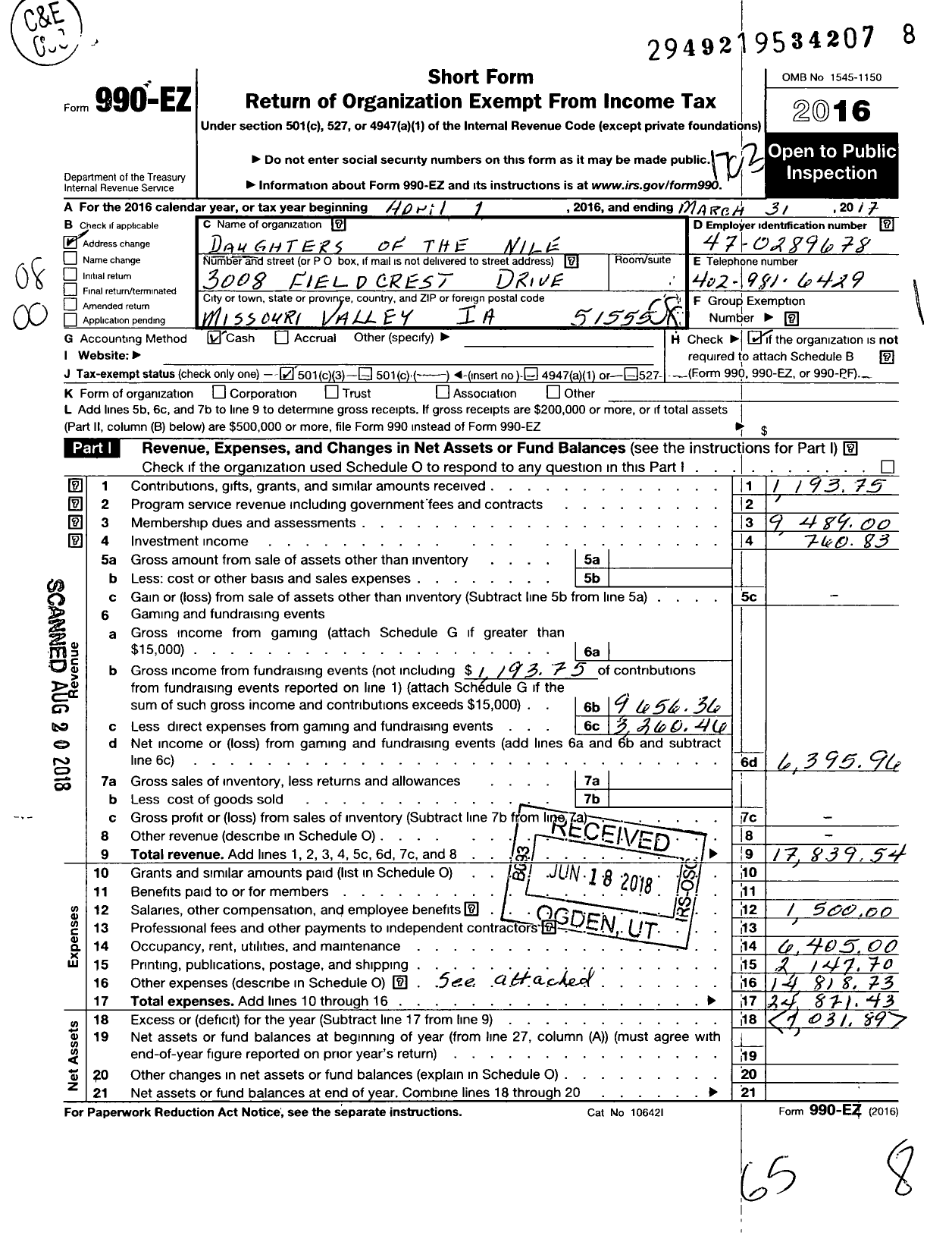 Image of first page of 2016 Form 990EO for Daughters of the Nile - 59 Sat-Ra Temple