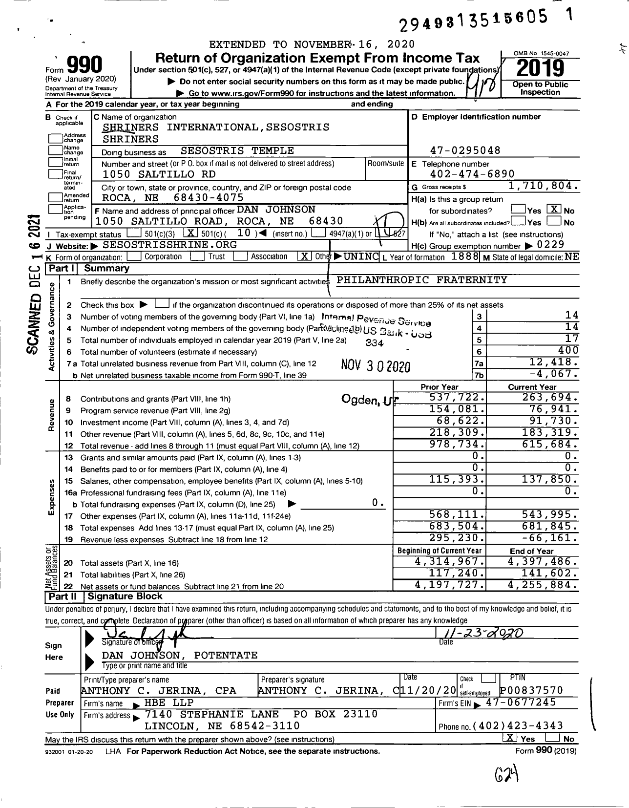 Image of first page of 2019 Form 990O for Shriners International - Sesostris Shrine