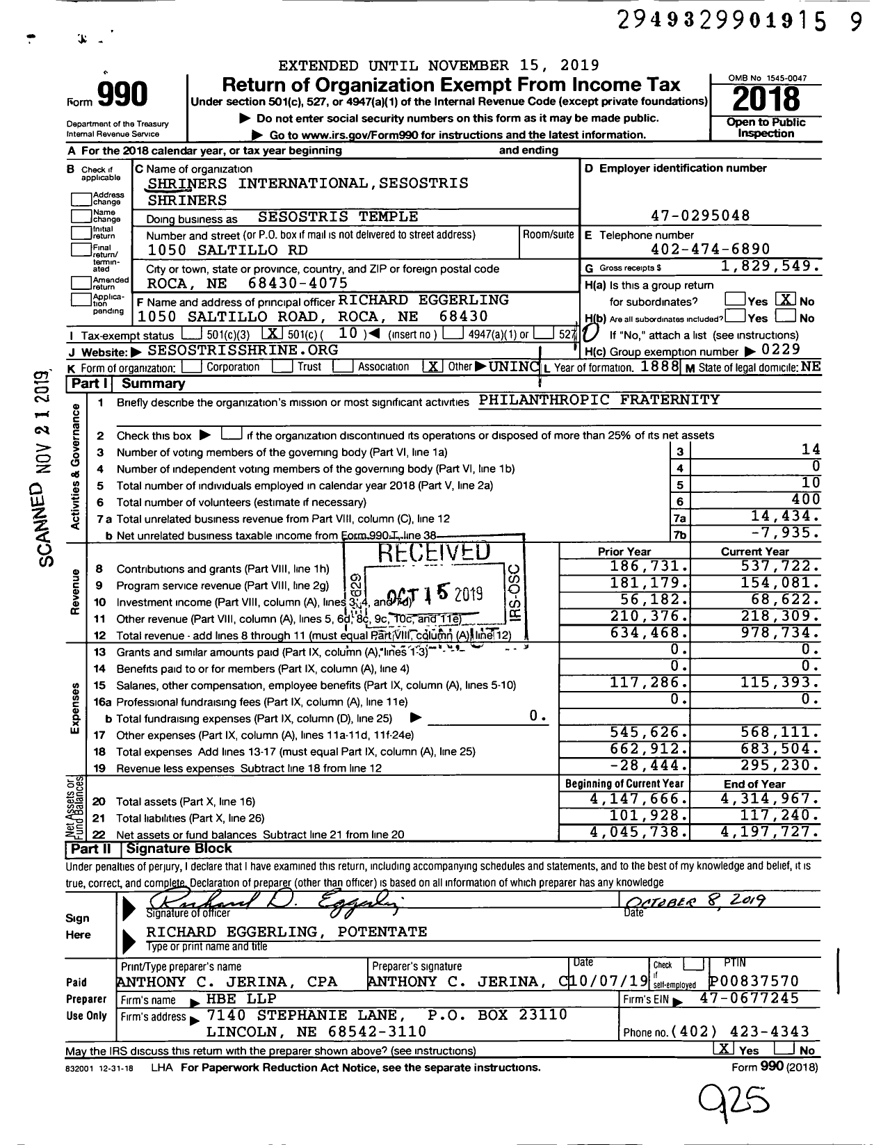 Image of first page of 2018 Form 990O for Shriners International - Sesostris Shrine