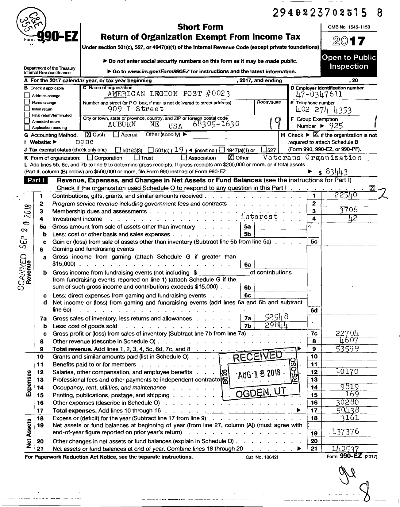 Image of first page of 2017 Form 990EO for American Legion - American Legion Post 23