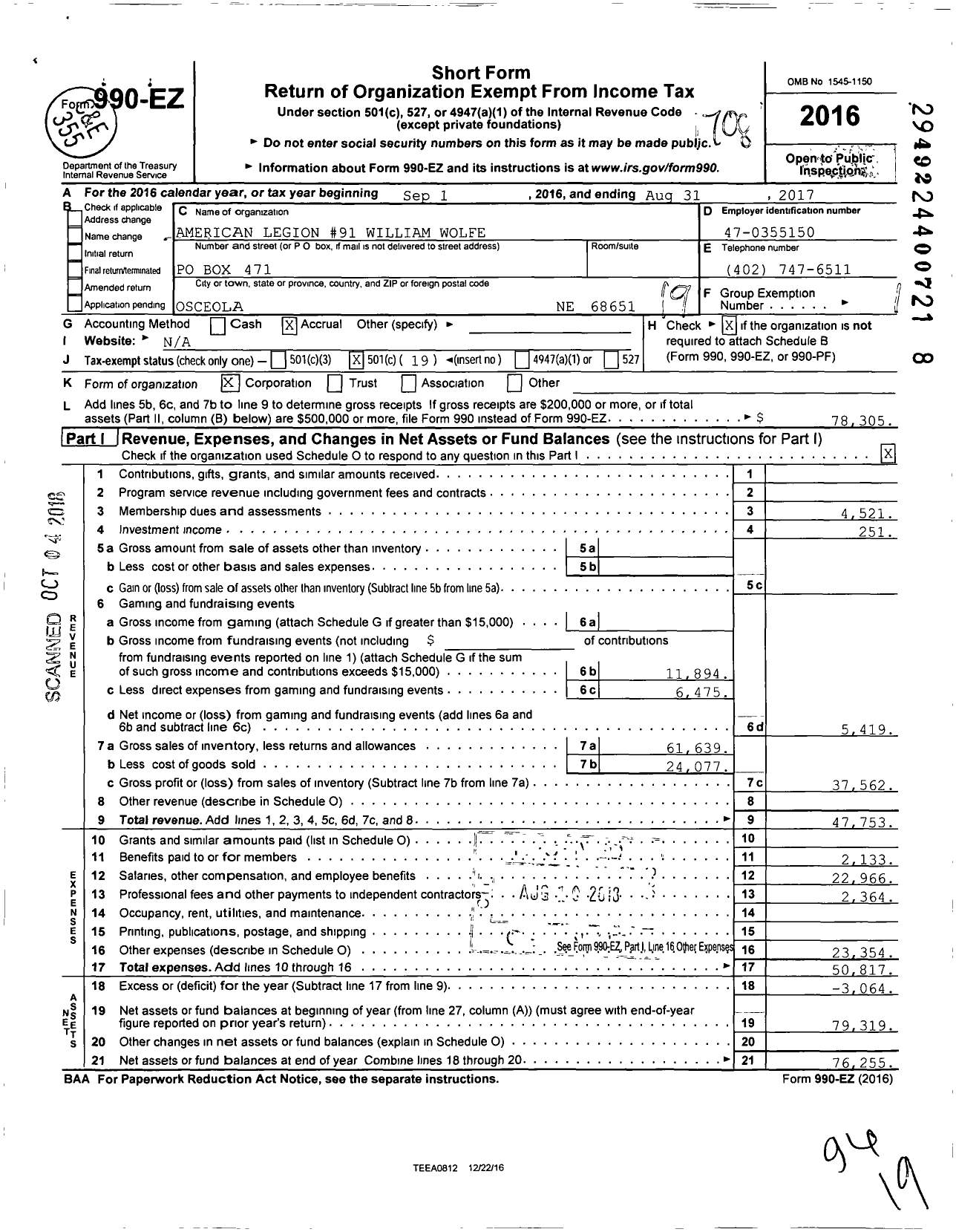 Image of first page of 2016 Form 990EO for American Legion - 91 William Wolfe