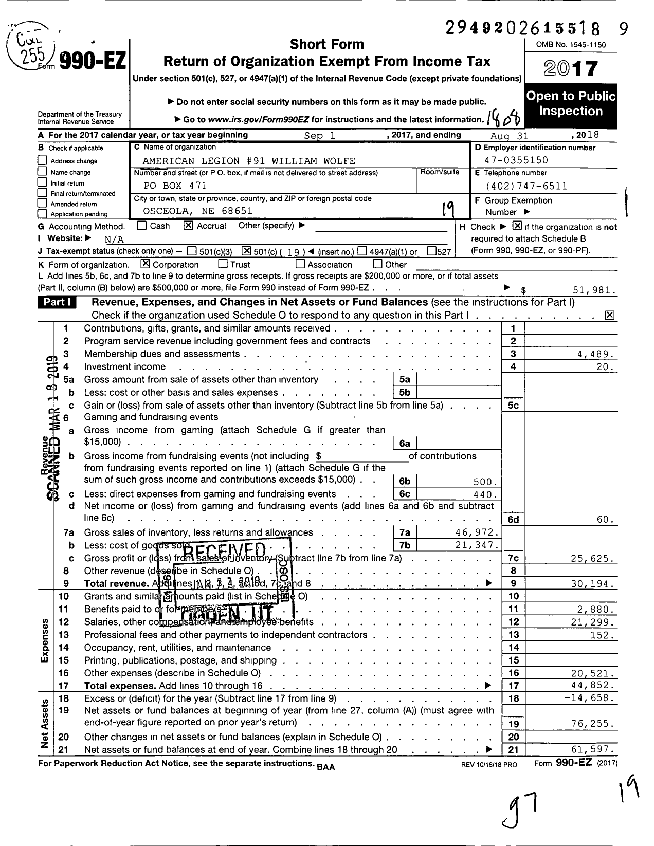 Image of first page of 2017 Form 990EO for American Legion - 91 William Wolfe