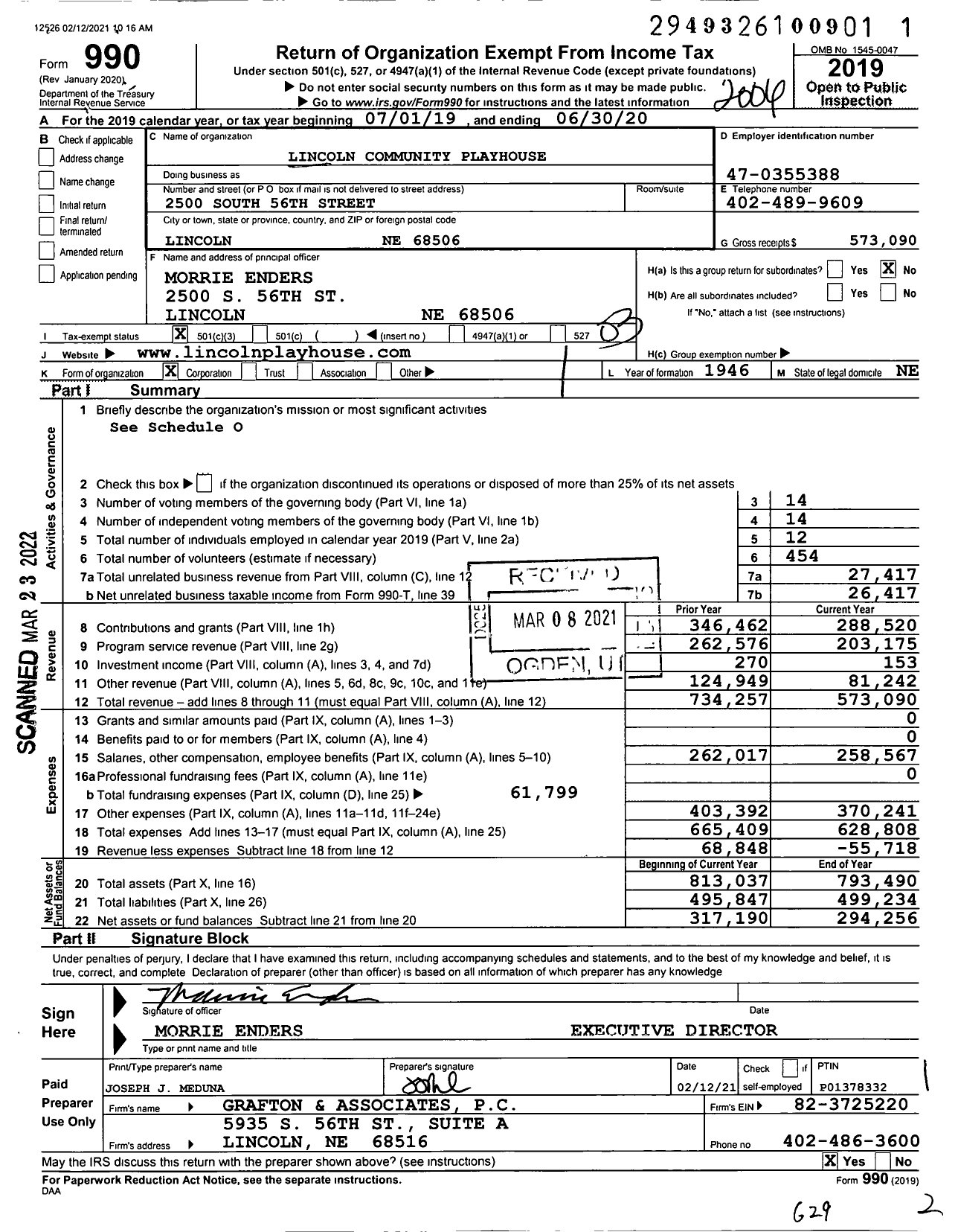 Image of first page of 2019 Form 990 for Lincoln Community Playhouse